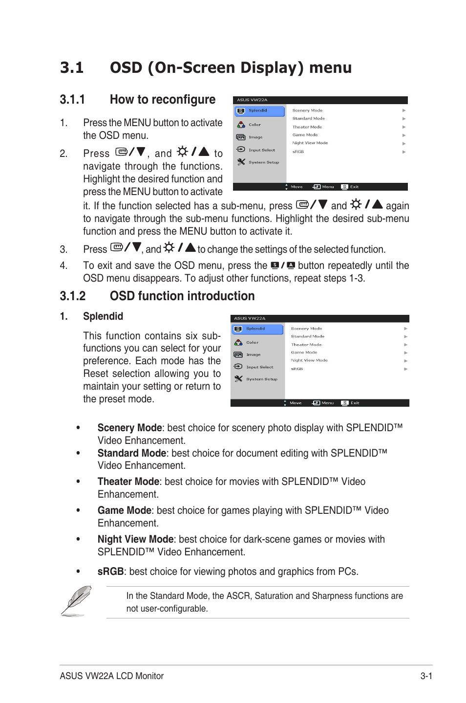 Chapter 3: general instructions, 1 osd (on-screen display) menu, 1 how to reconfigure | 2 osd function introduction, Osd (on-screen display) menu -1 3.1.1, How to reconfigure -1, Osd function introduction -1 | Asus VW22AT User Manual | Page 17 / 26