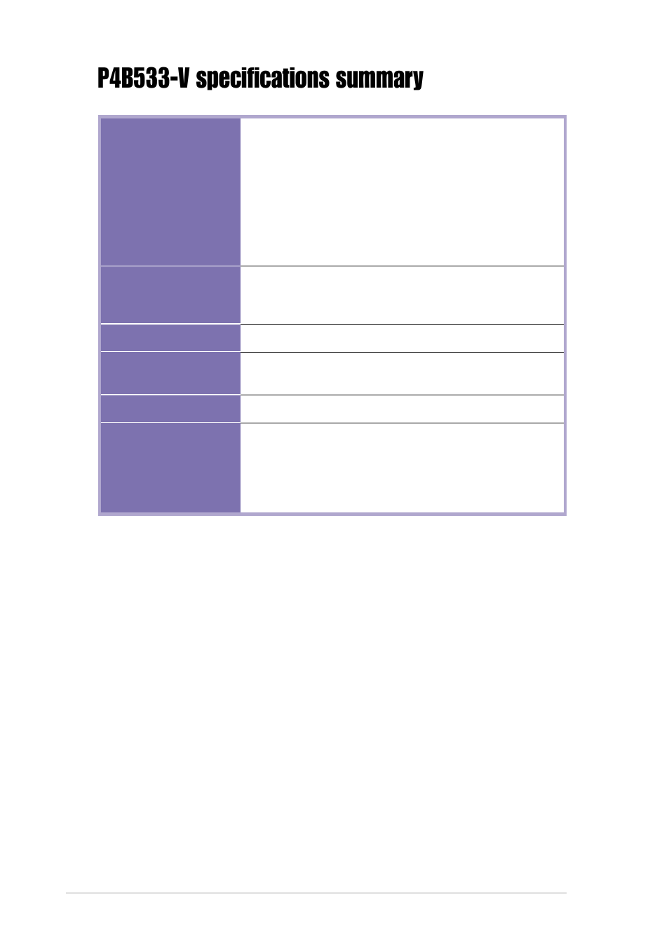 P4b533-v specifications summary | Asus P4B533-V User Manual | Page 12 / 140
