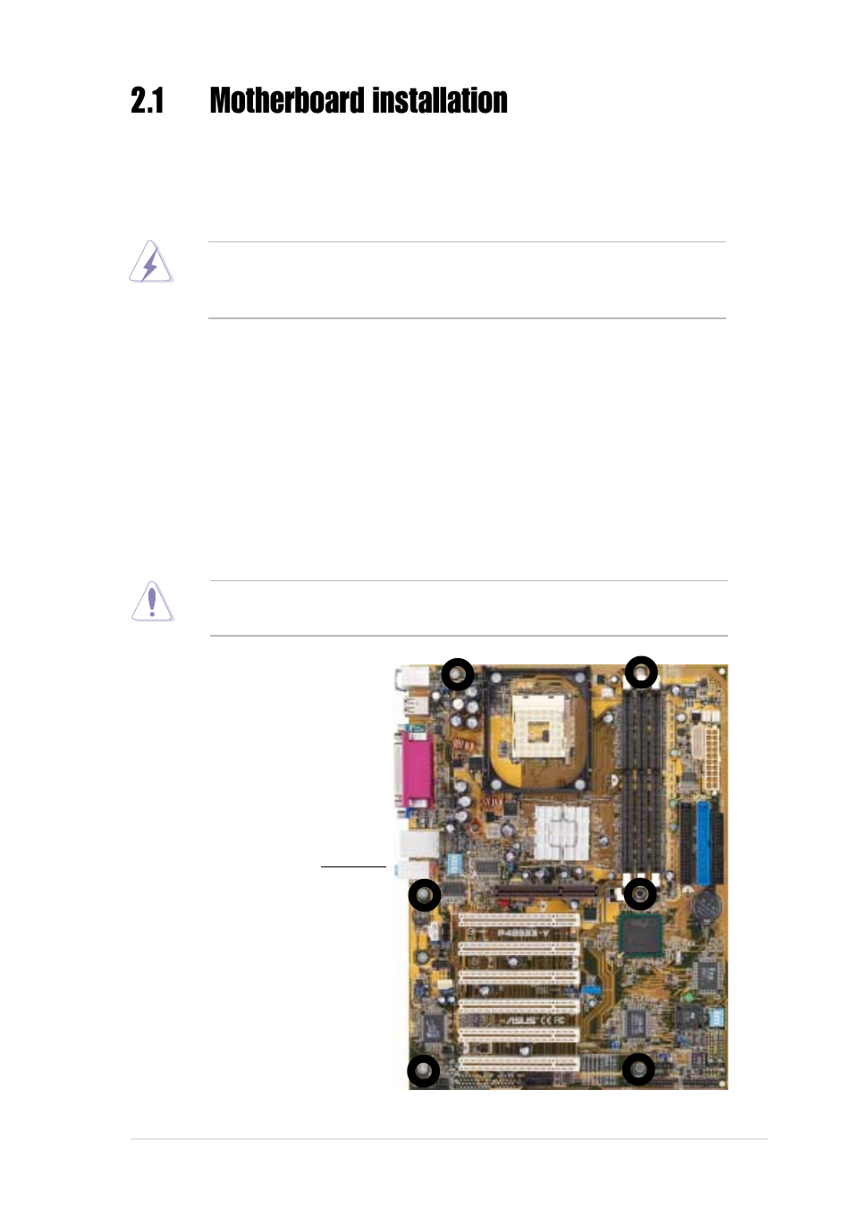 1 motherboard installation, 1 placement direction, 2 screw holes | Asus P4B533-V User Manual | Page 27 / 140