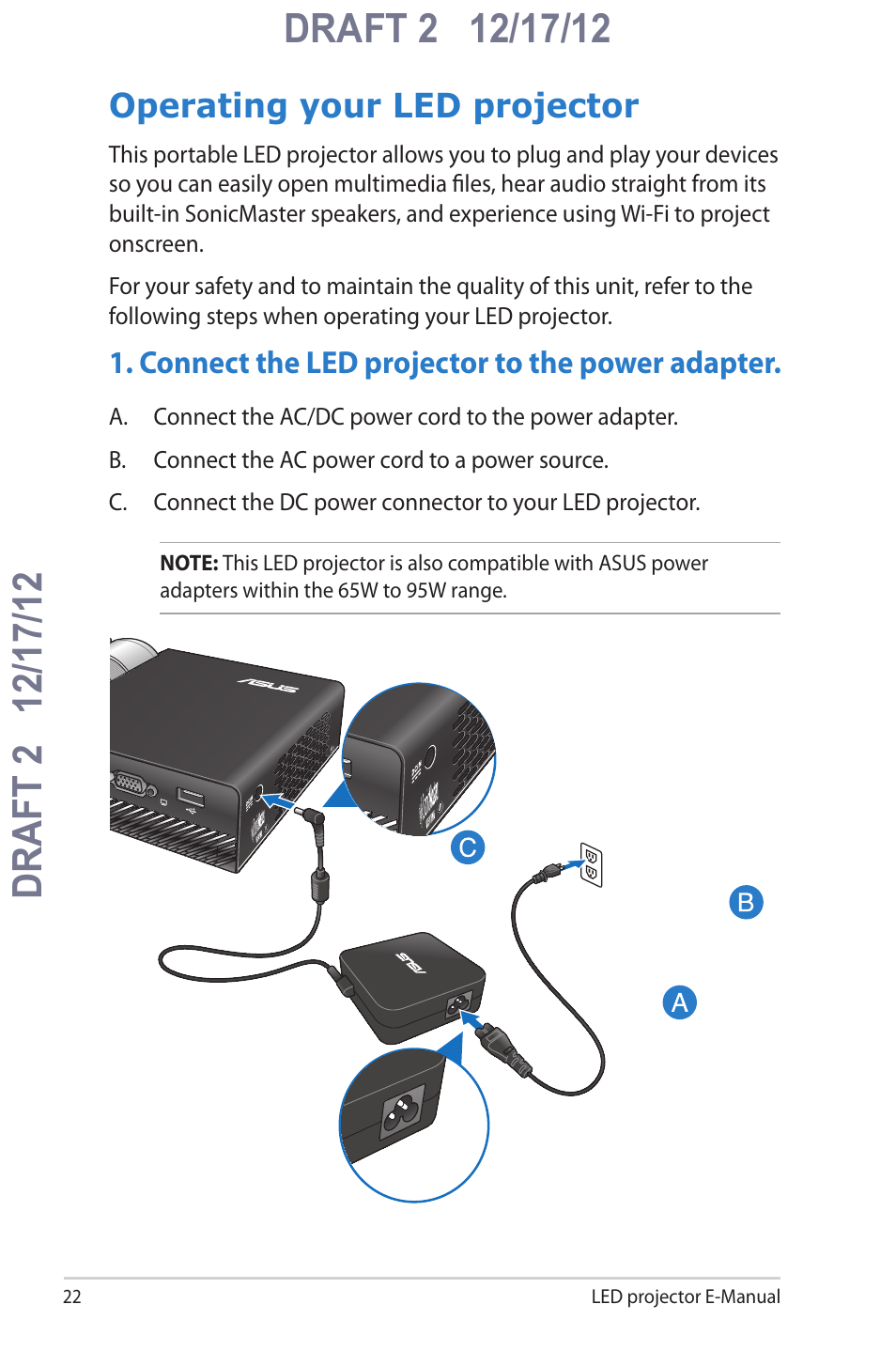 Operating your led projector, Connect the led projector to the power adapter | Asus B1MR User Manual | Page 22 / 58