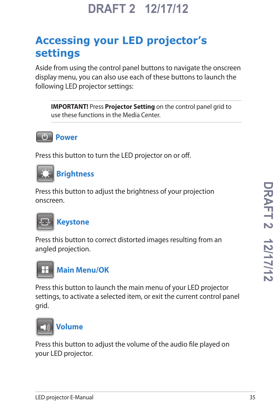 Accessing your led projector’s settings | Asus B1MR User Manual | Page 35 / 58
