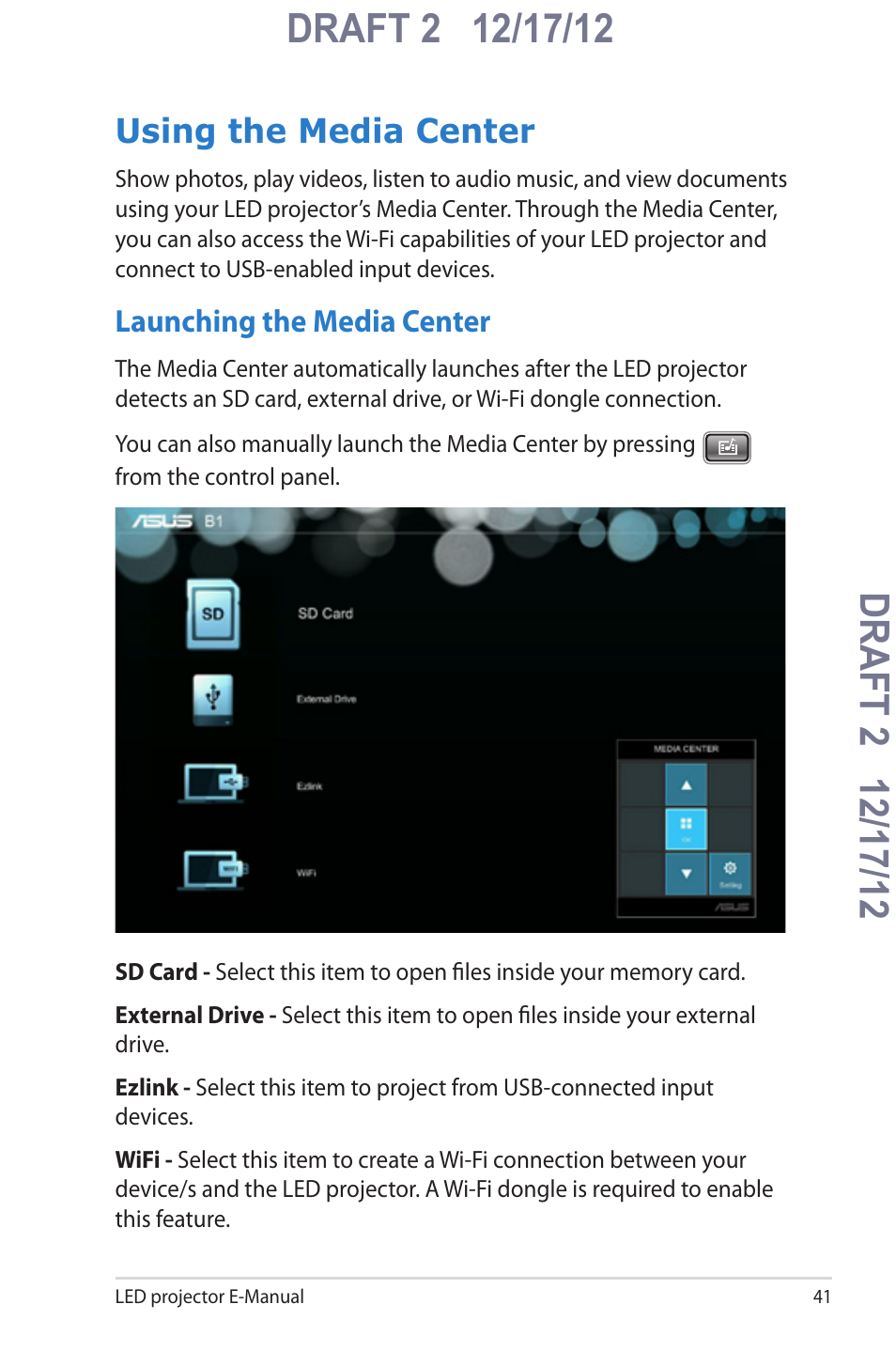 Using the media center, Launching the media center | Asus B1MR User Manual | Page 41 / 58