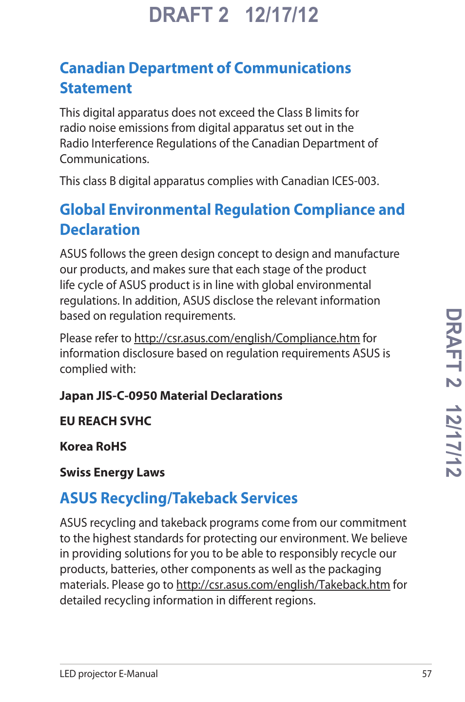 Canadian department of communications statement, Asus recycling/takeback services | Asus B1MR User Manual | Page 57 / 58