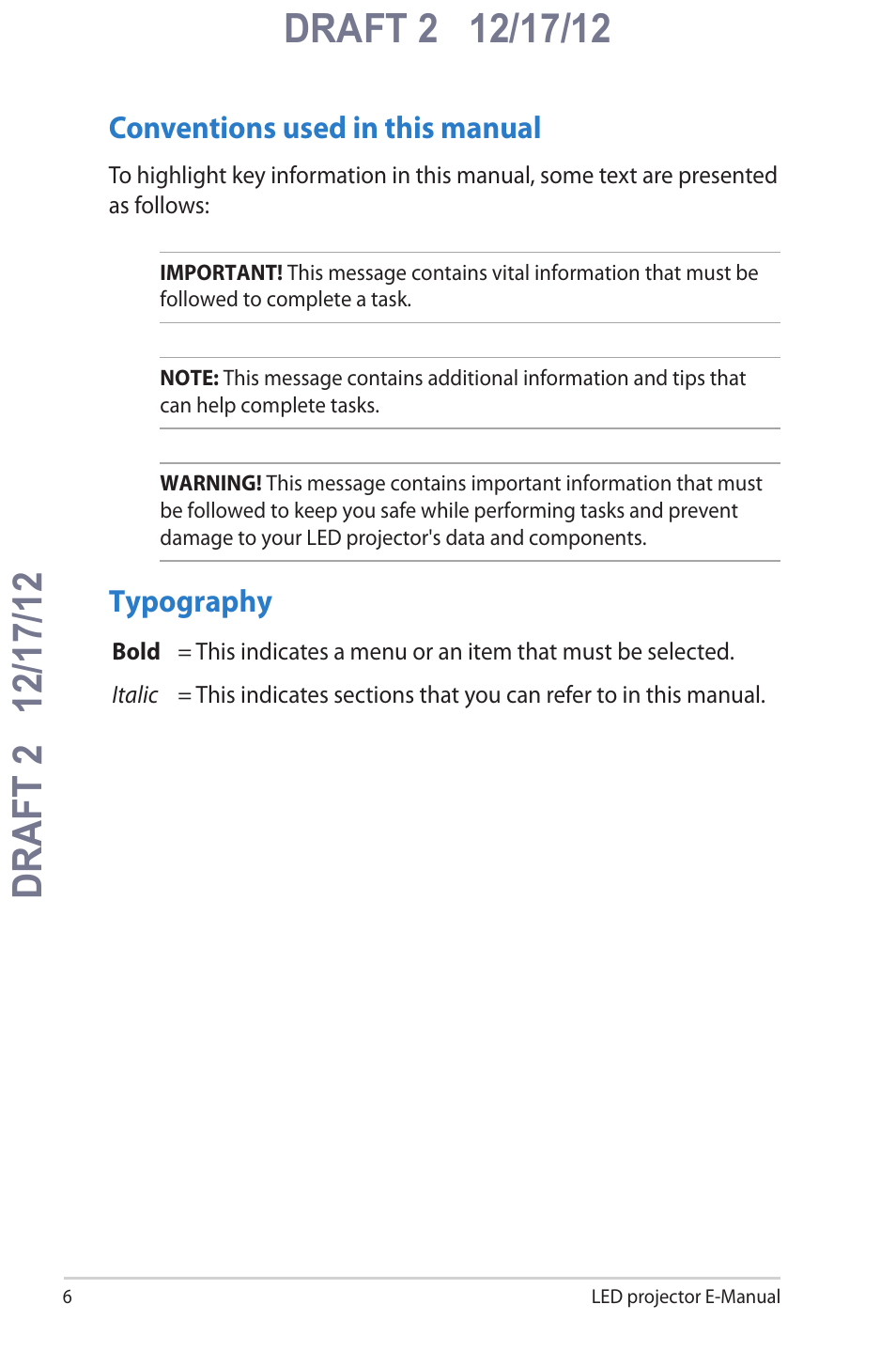 Conventions used in this manual, Typography, Conventions used in this manual typography | Asus B1MR User Manual | Page 6 / 58