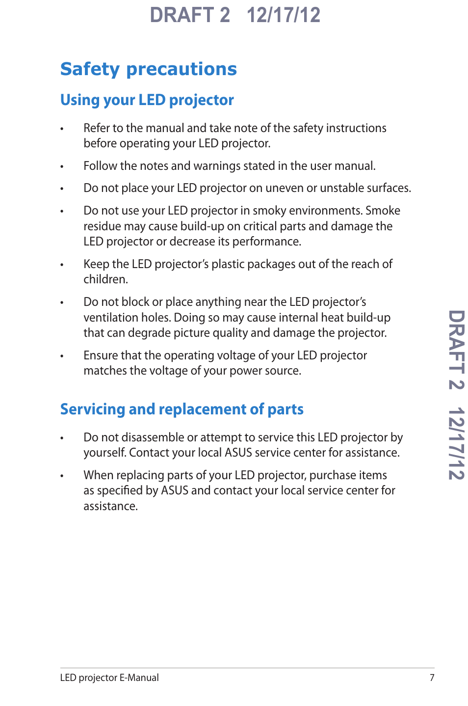 Safety precautions, Using your led projector, Servicing and replacement of parts | Asus B1MR User Manual | Page 7 / 58