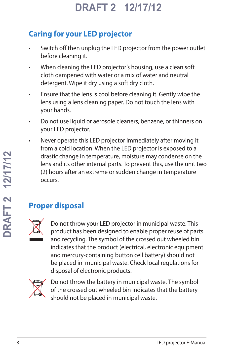 Caring for your led projector, Proper disposal, Caring for your led projector proper disposal | Asus B1MR User Manual | Page 8 / 58