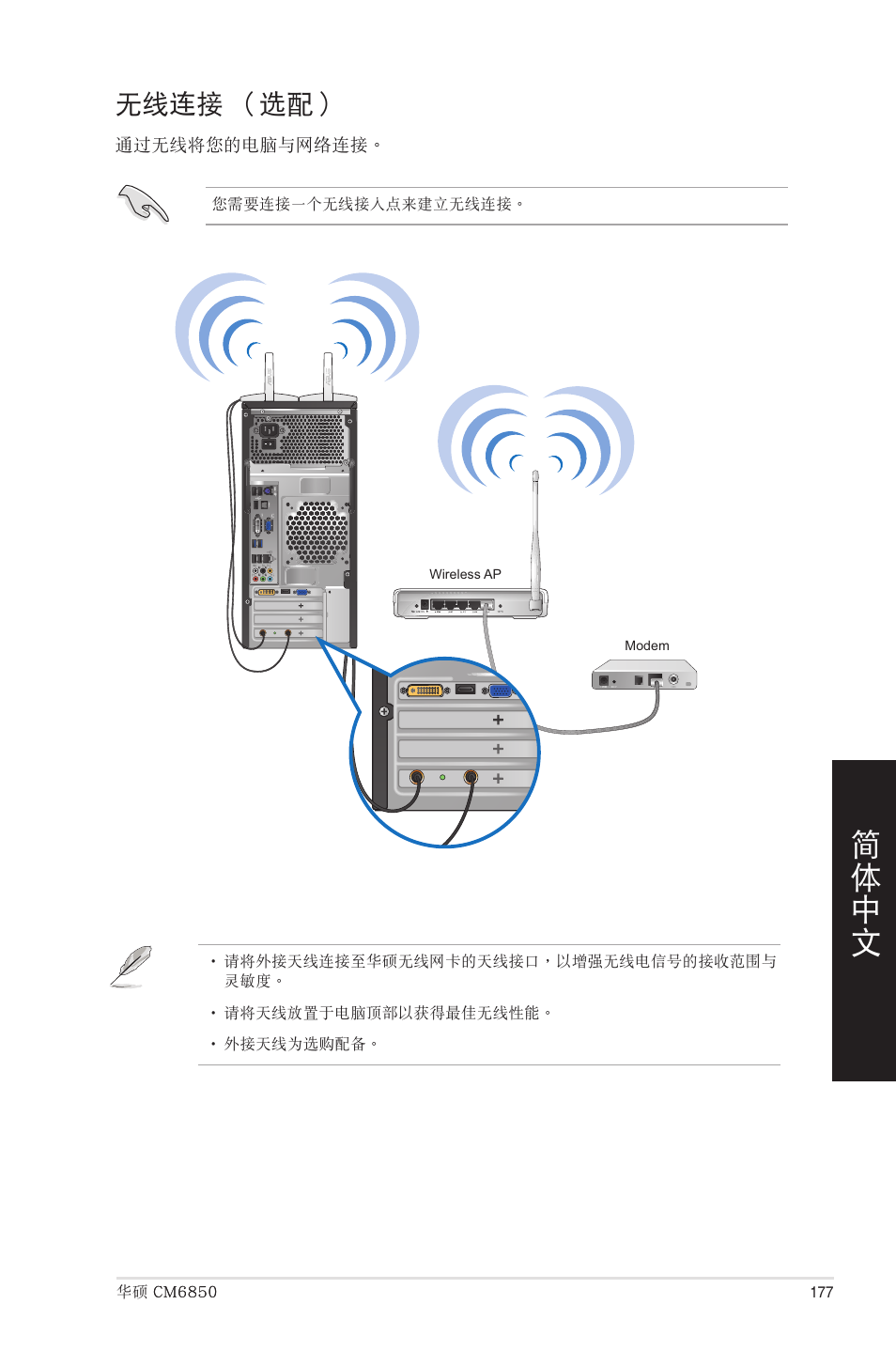 無線連接 （選配, 線連接 （選配 | Asus CM6850 User Manual | Page 177 / 198