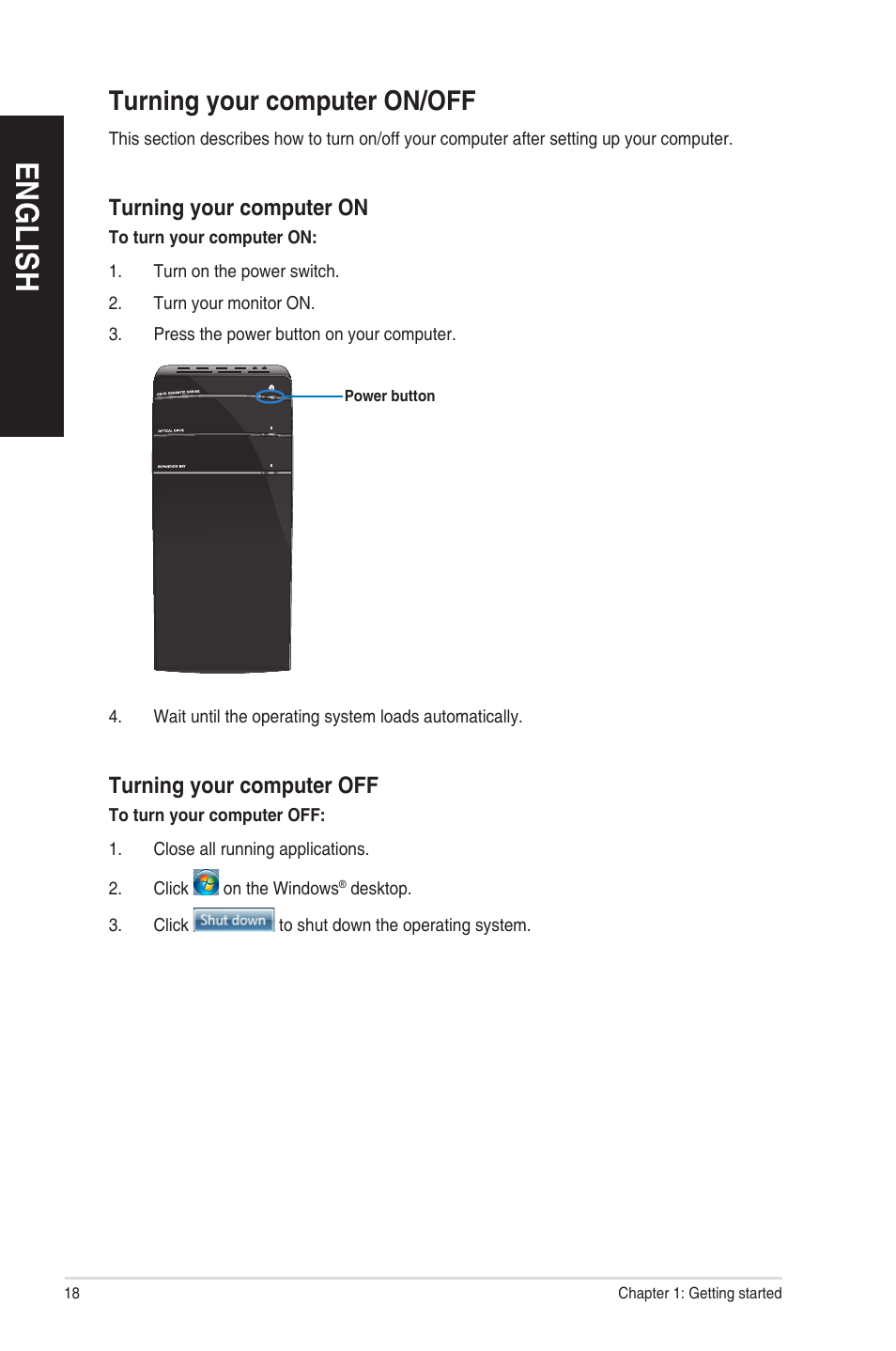 Turning your computer on/off, En g lis h en g li sh | Asus CM6850 User Manual | Page 18 / 198