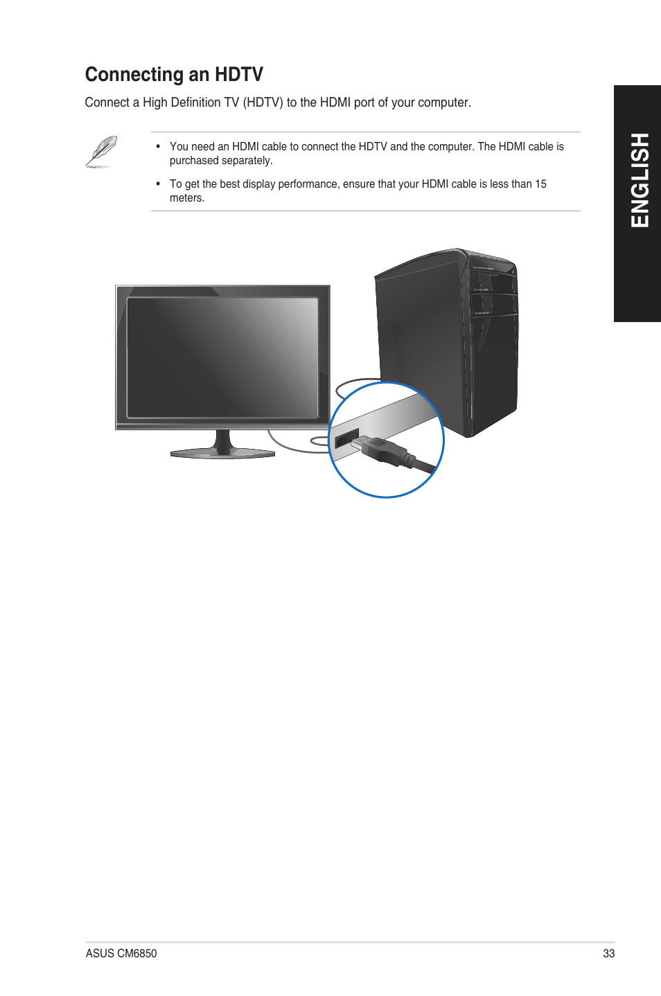 Connecting an hdtv, En g lis h en g li sh | Asus CM6850 User Manual | Page 33 / 198