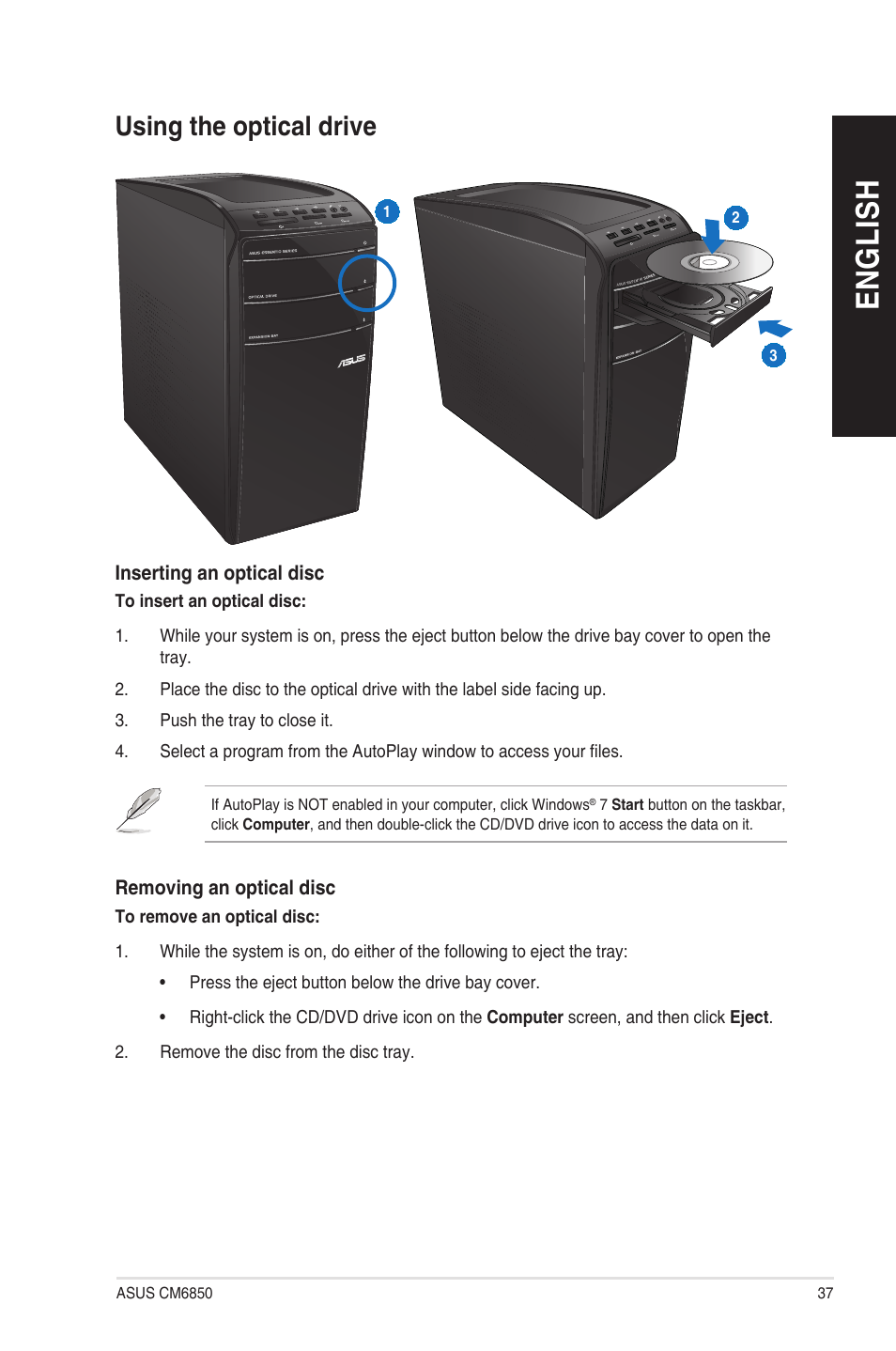 Using the optical drive, En g lis h en g li sh | Asus CM6850 User Manual | Page 37 / 198