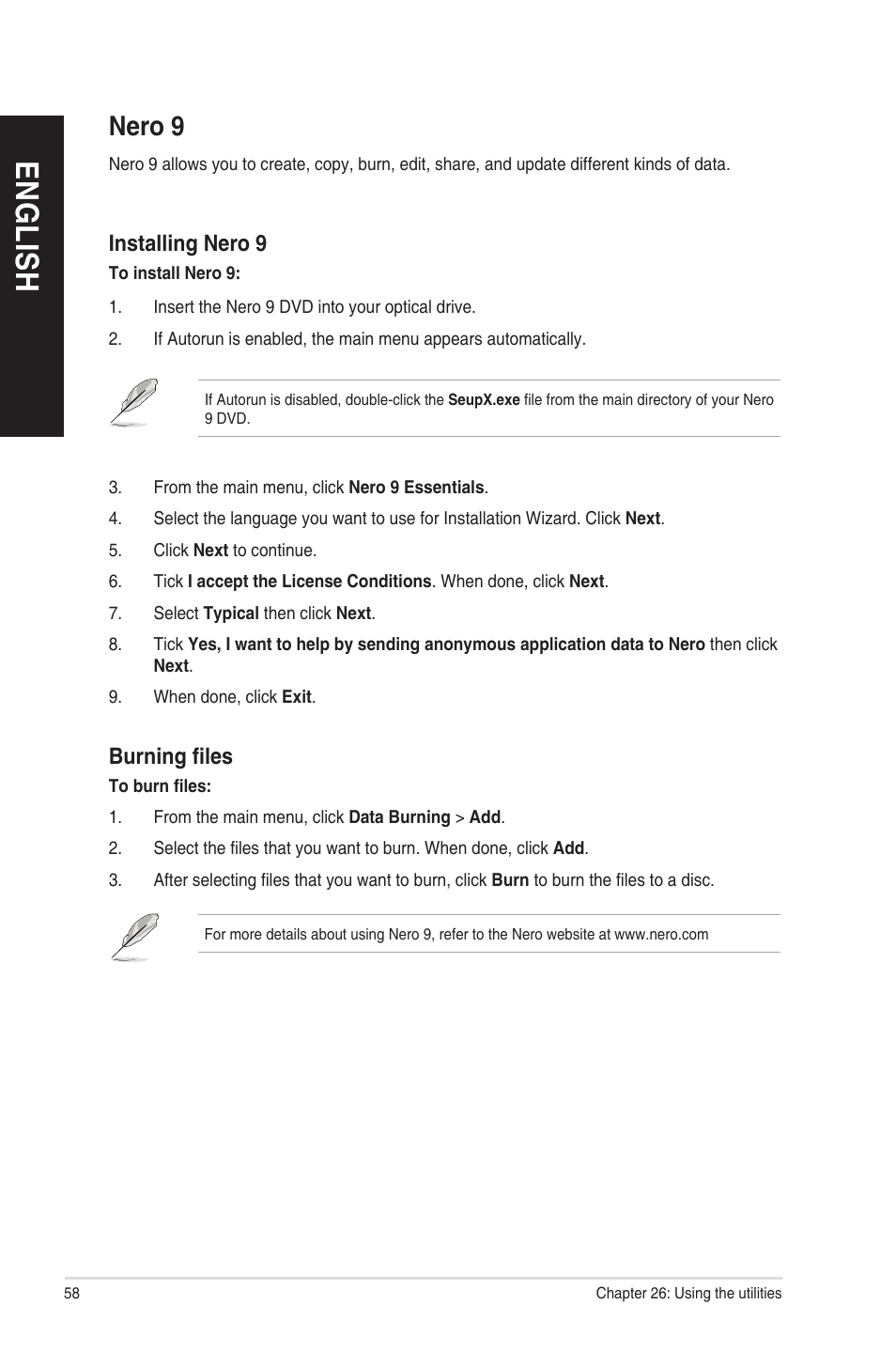 Nero 9, En g lis h en g li sh en g lis h en g li sh | Asus CM6850 User Manual | Page 58 / 198