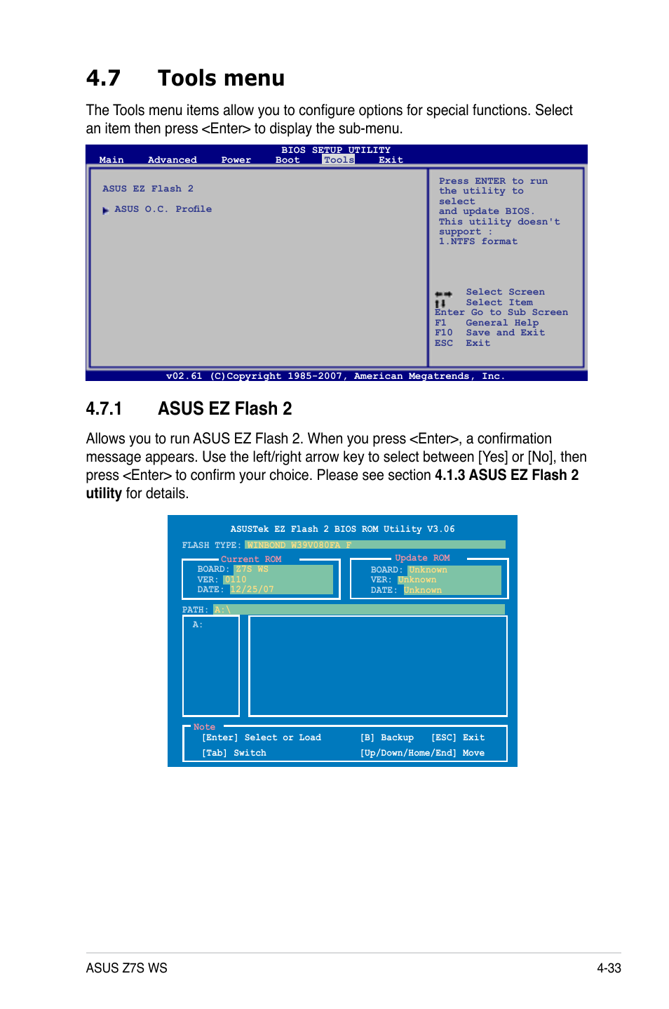 7 tools menu, 1 asus ez flash 2, Tools.menu -33 4.7.1 | Asus ez flash 2 -33, Asus.ez.flash.2 | Asus Z7S WS User Manual | Page 103 / 154