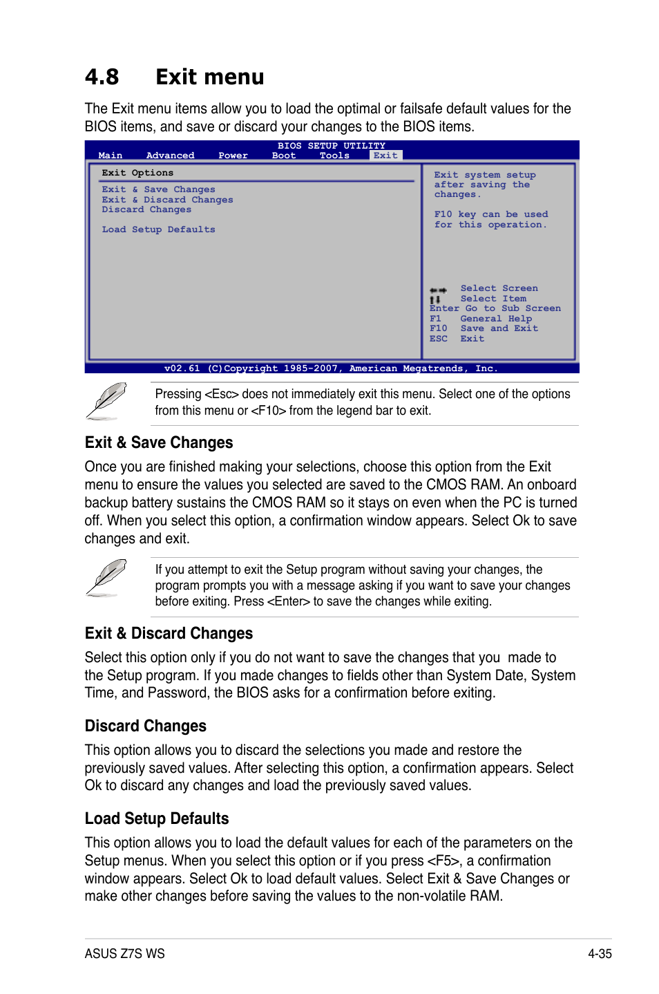 8 exit menu, Exit.menu -35, Exit.&.save.changes | Exit.&.discard.changes, Discard.changes, Load.setup.defaults | Asus Z7S WS User Manual | Page 105 / 154