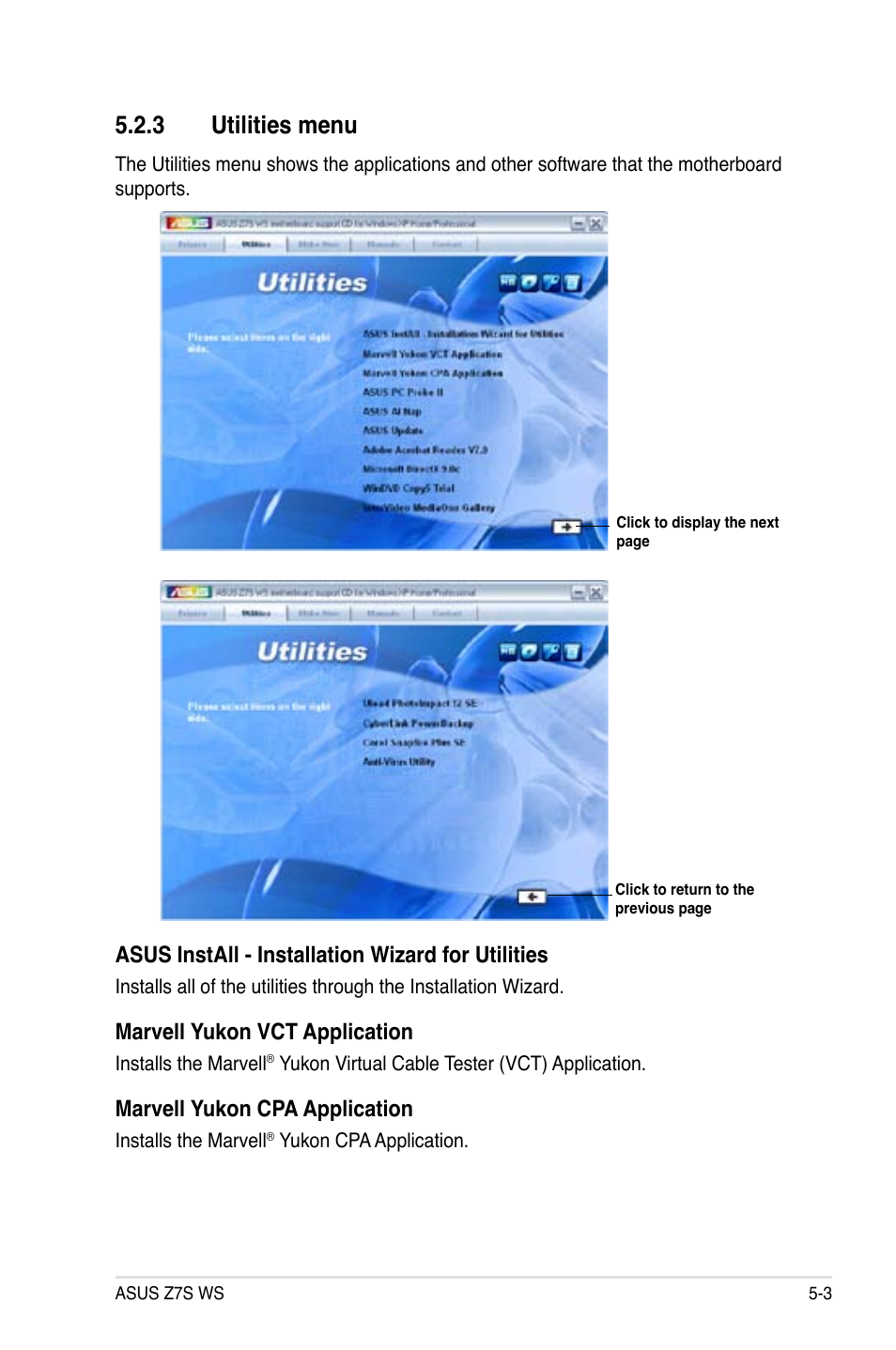 3 utilities menu, Utilities menu -3, Utilities.menu | Asus.install.-.installation.wizard.for.utilities, Marvell.yukon.vct.application, Marvell.yukon.cpa.application | Asus Z7S WS User Manual | Page 111 / 154