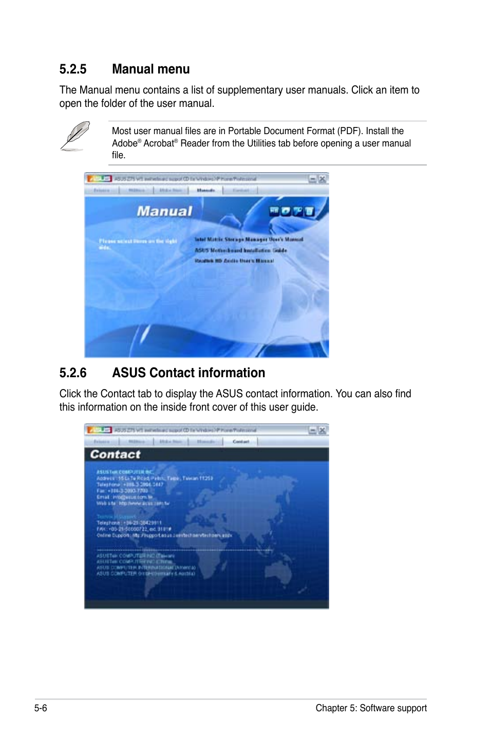 5 manual menu, 6 asus contact information, Manual menu -6 | Asus contact information -6, Manual.menu, Asus.contact.information | Asus Z7S WS User Manual | Page 114 / 154