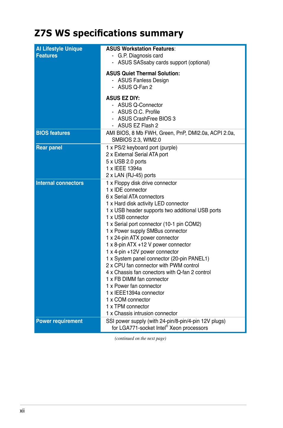 Z7s ws specifications summary | Asus Z7S WS User Manual | Page 12 / 154