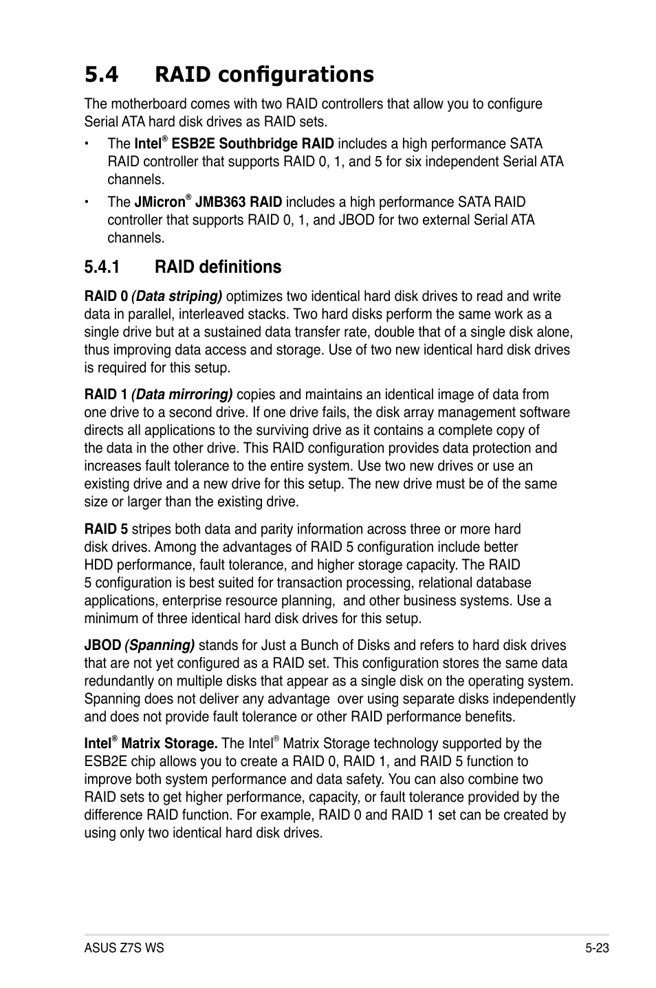 4 raid configurations, 1 raid definitions, Raid configurations -23 5.4.1 | Raid definitions -23 | Asus Z7S WS User Manual | Page 131 / 154