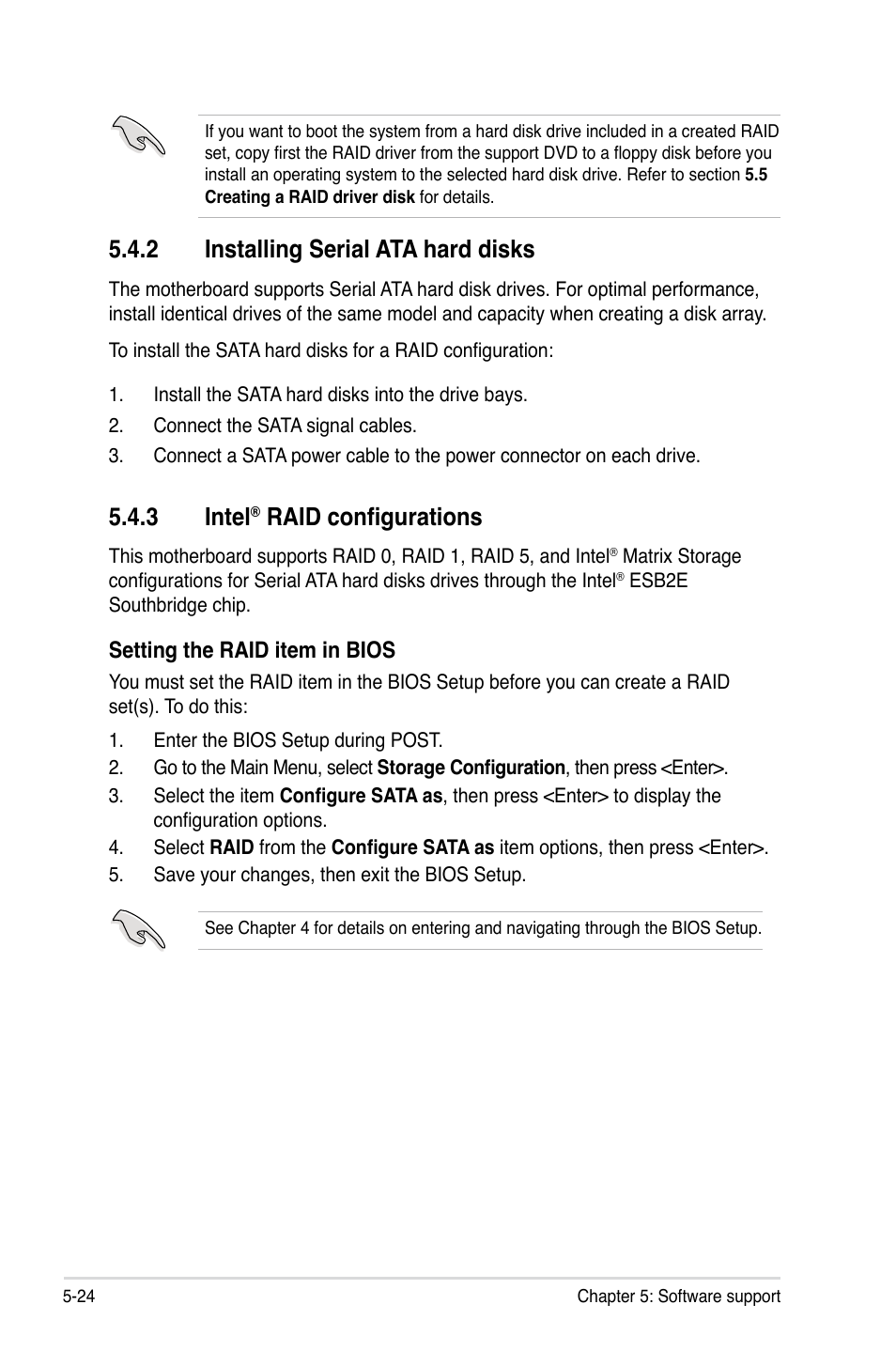 2 installing serial ata hard disks, 3 intel® raid configurations, Installing serial ata hard disks -24 | Intel, Raid configurations -24, Installing.serial.ata.hard.disks, Raid configurations | Asus Z7S WS User Manual | Page 132 / 154