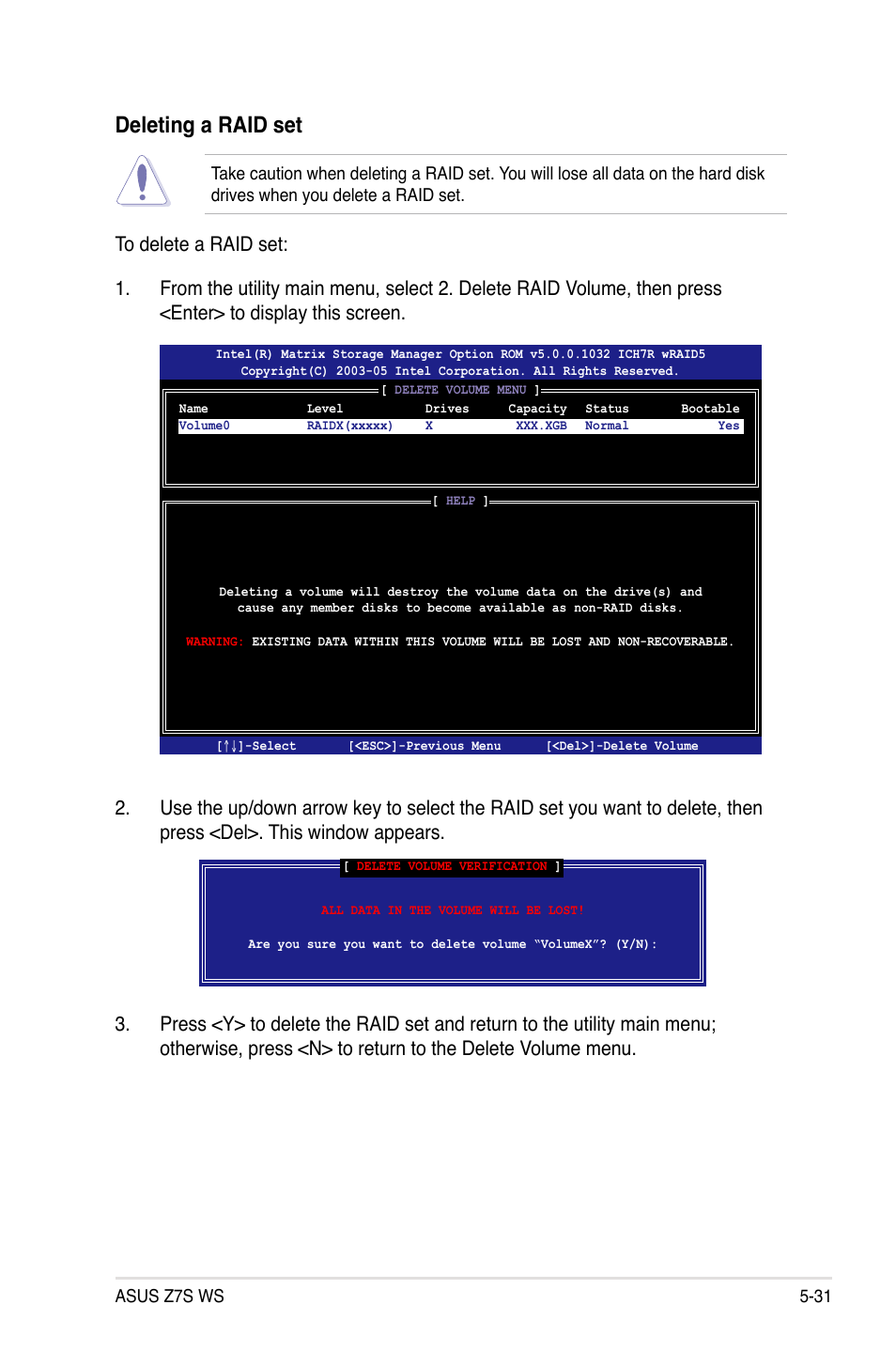 Deleting.a.raid.set | Asus Z7S WS User Manual | Page 139 / 154