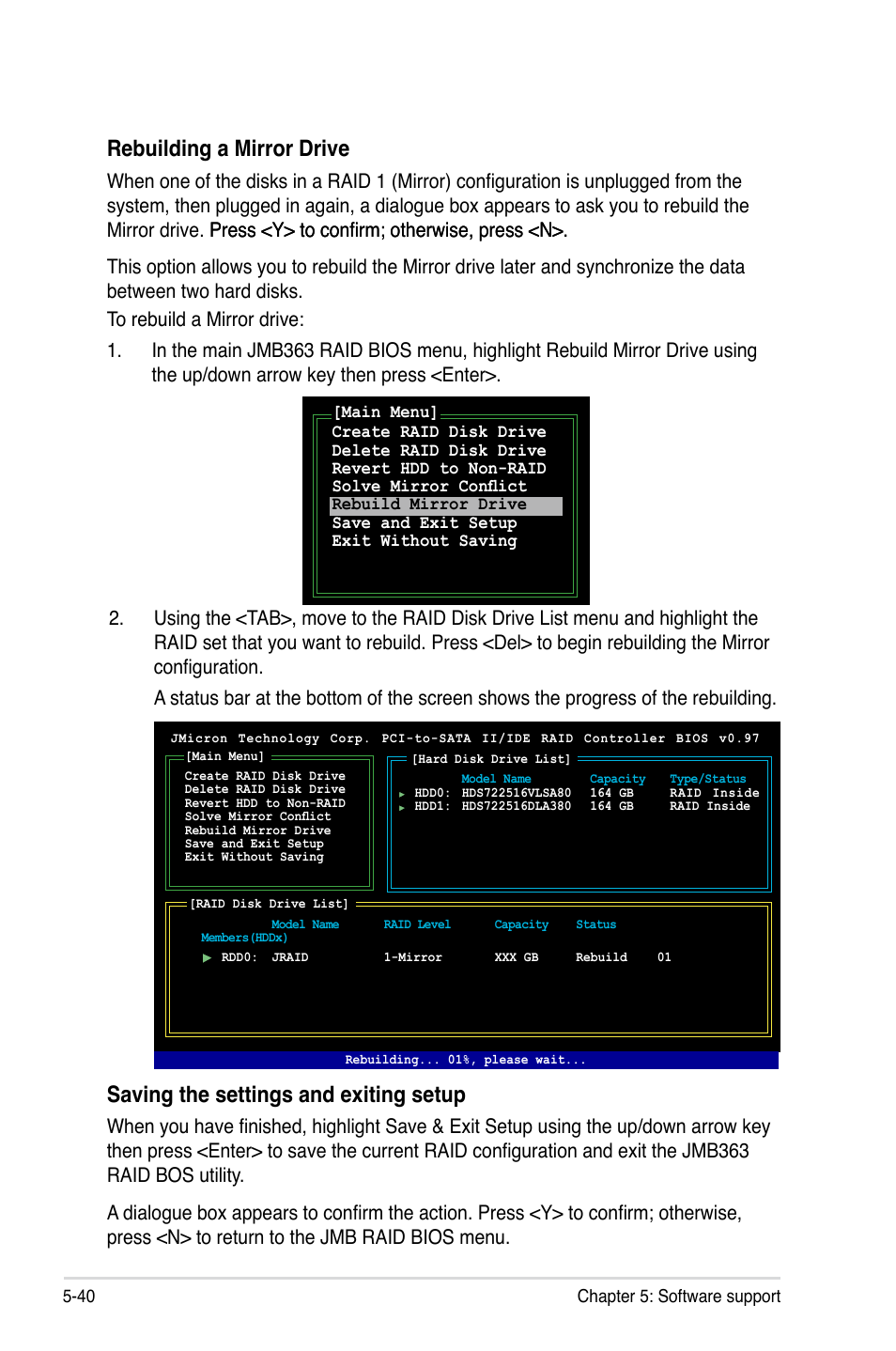 Saving.the.settings.and.exiting.setup, Rebuilding.a.mirror.drive | Asus Z7S WS User Manual | Page 148 / 154