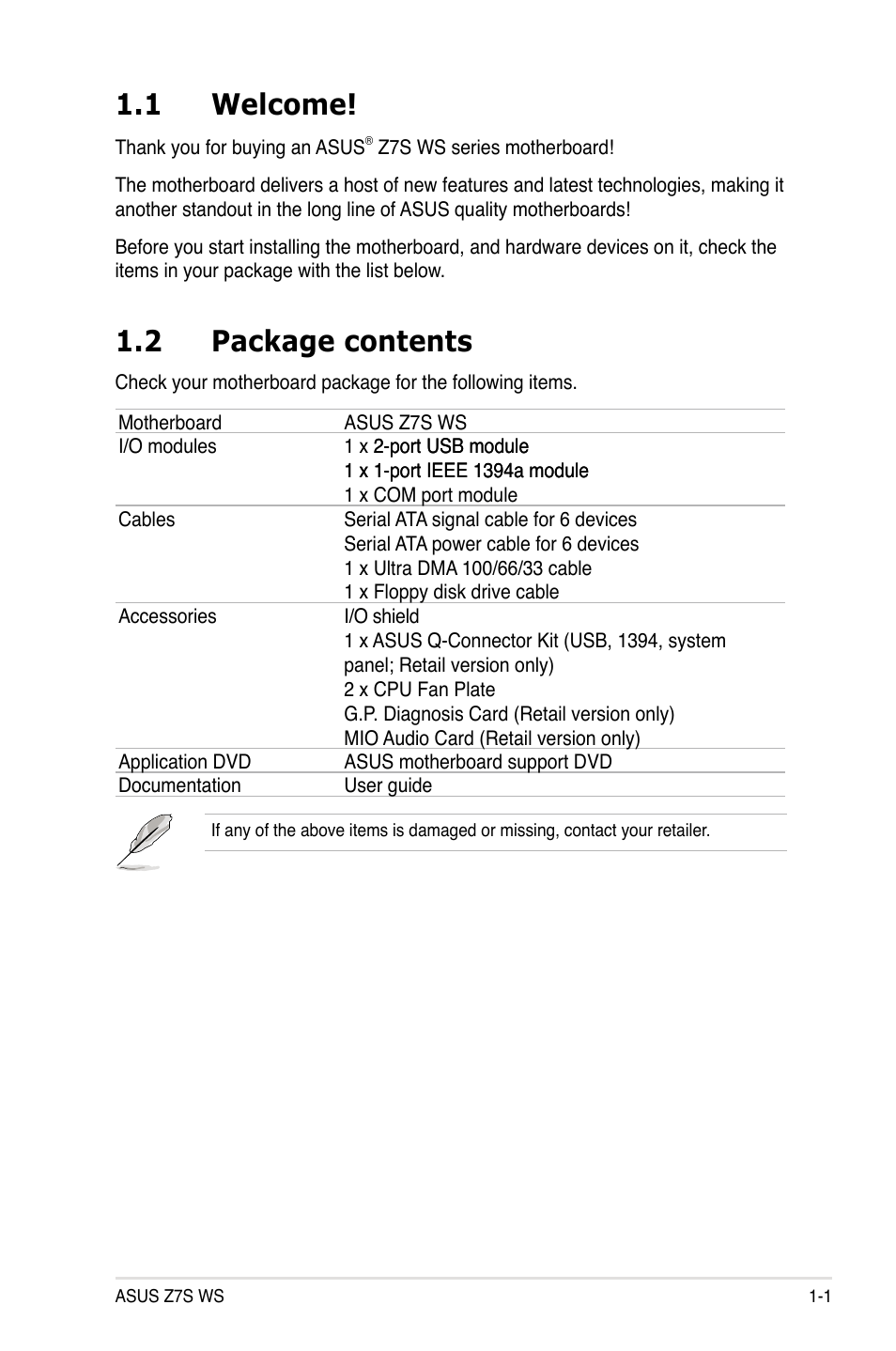 1 welcome, 2 package contents, Welcome! -1 | Package.contents -1 | Asus Z7S WS User Manual | Page 17 / 154