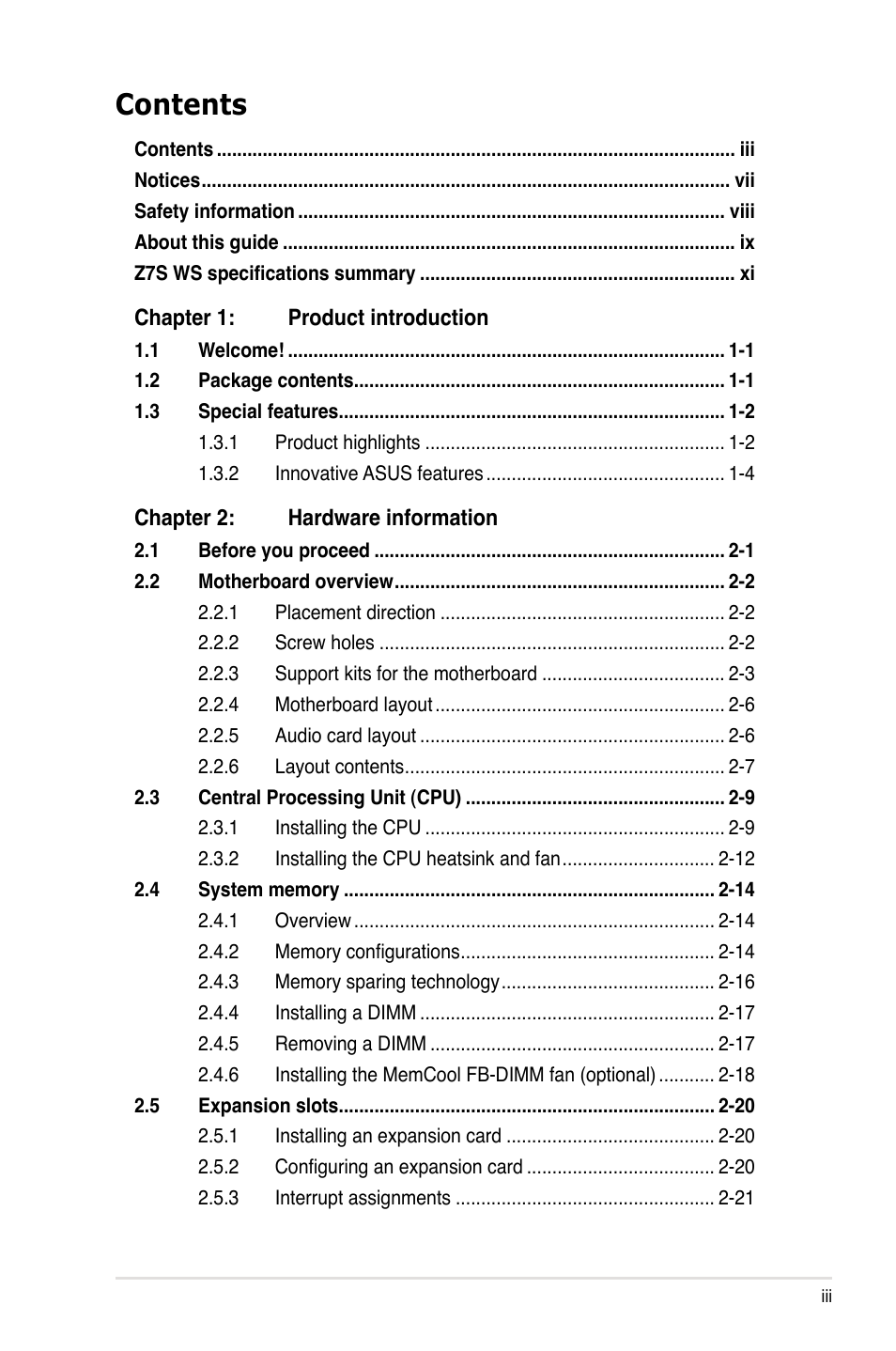 Asus Z7S WS User Manual | Page 3 / 154