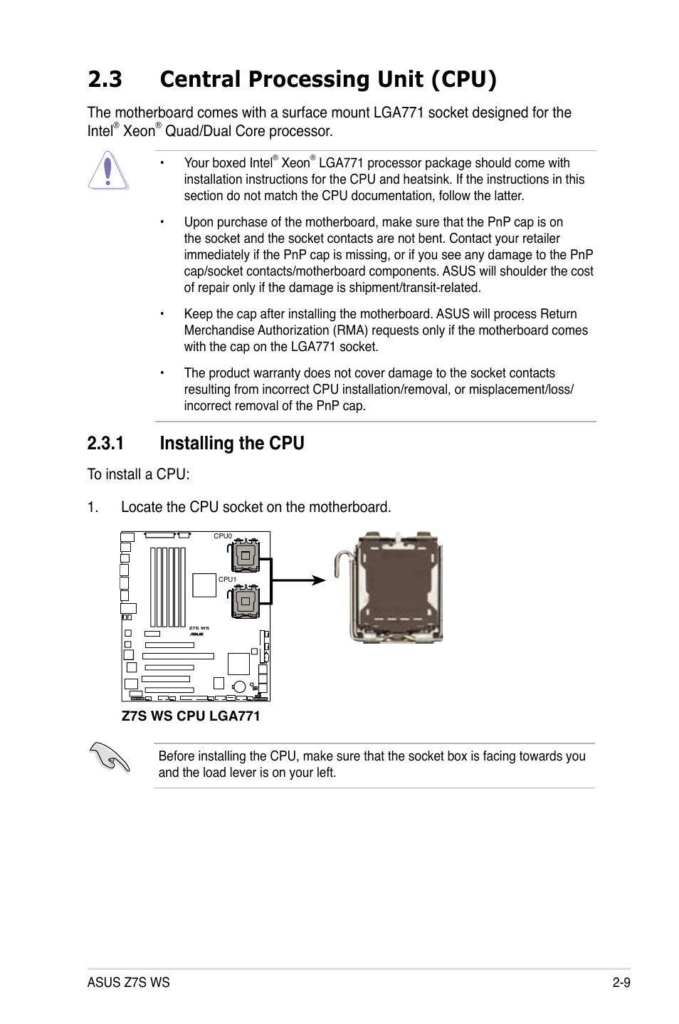 3 central processing unit (cpu), 1 installing the cpu, Central.processing.unit.(cpu) -9 2.3.1 | Installing the cpu -9, Installing.the.cpu | Asus Z7S WS User Manual | Page 31 / 154