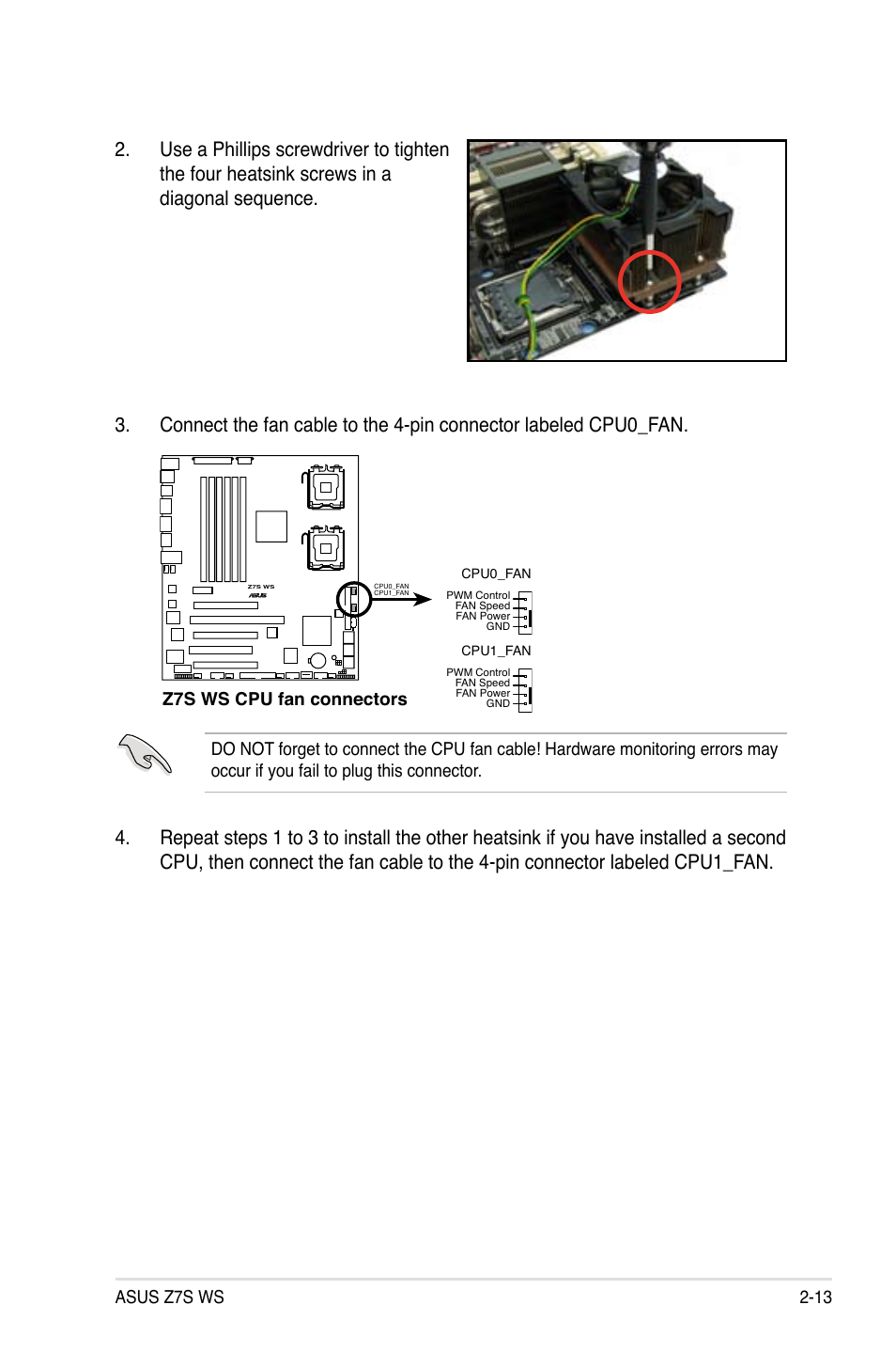 Asus z7s ws 2-13, Z7s ws cpu fan connectors | Asus Z7S WS User Manual | Page 35 / 154