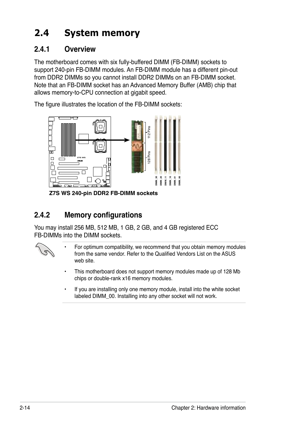 4 system memory, 1 overview, 2 memory configurations | System.memory -14 2.4.1, Overview -14, Memory configurations -14, Overview | Asus Z7S WS User Manual | Page 36 / 154