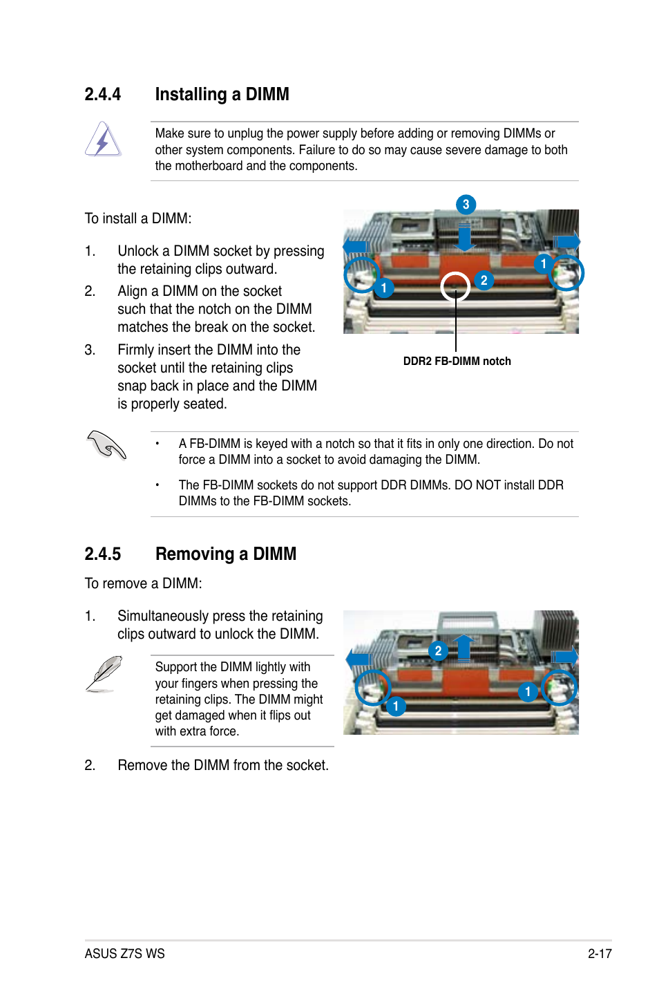 4 installing a dimm, 5 removing a dimm, Installing a dimm -17 | Removing a dimm -17, Installing.a.dimm, Removing.a.dimm | Asus Z7S WS User Manual | Page 39 / 154