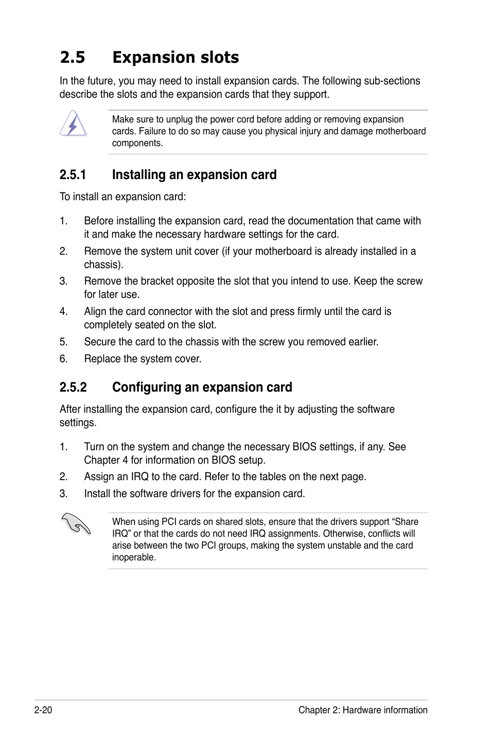 5 expansion slots, 1 installing an expansion card, 2 configuring an expansion card | Expansion.slots -20 2.5.1, Installing an expansion card -20, Configuring an expansion card -20, Installing.an.expansion.card | Asus Z7S WS User Manual | Page 42 / 154