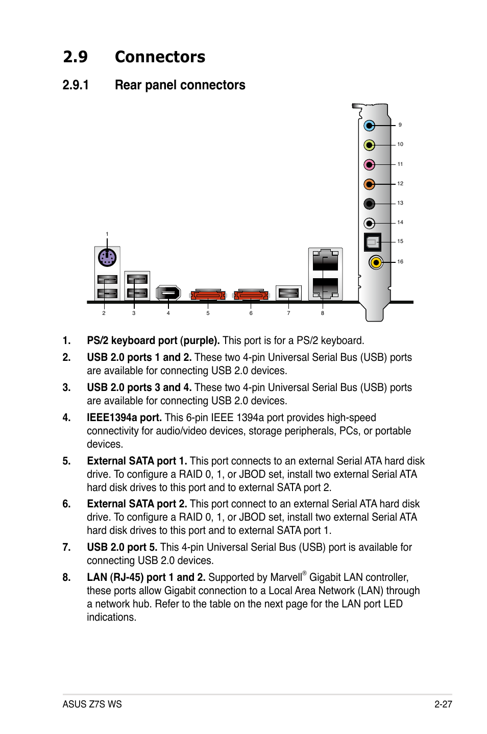 9 connectors, 1 rear panel connectors, Connectors -27 2.9.1 | Rear panel connectors -27, Rear.panel.connectors | Asus Z7S WS User Manual | Page 49 / 154