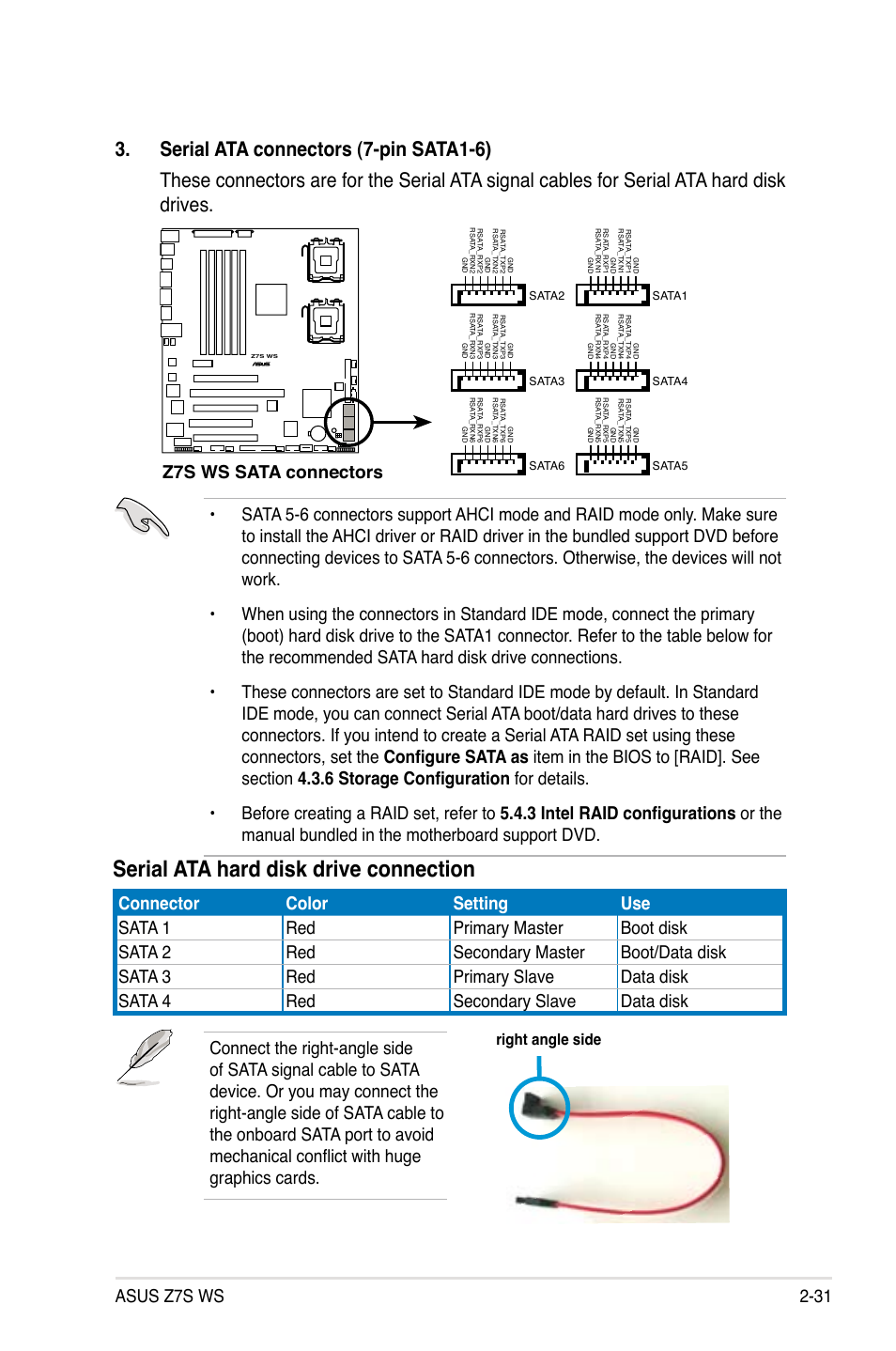 Serial.ata.hard.disk.drive.connection, Asus z7s ws 2-31, Z7s ws sata connectors | Right.angle.side | Asus Z7S WS User Manual | Page 53 / 154