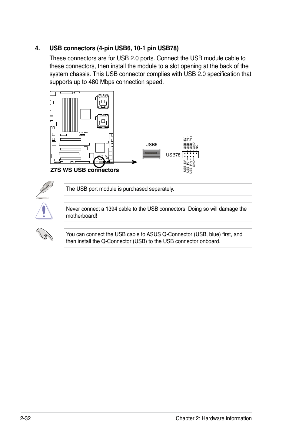 32 chapter 2: hardware information, The usb port module is purchased separately, Z7s ws usb connectors | Asus Z7S WS User Manual | Page 54 / 154