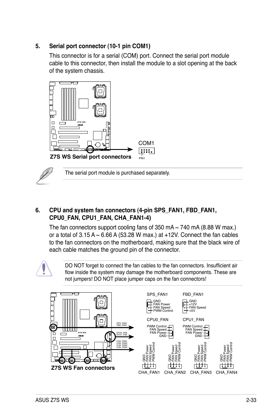 Asus z7s ws 2-33, Z7s ws fan connectors, The serial port module is purchased separately | Z7s ws serial port connectors, Com1 | Asus Z7S WS User Manual | Page 55 / 154