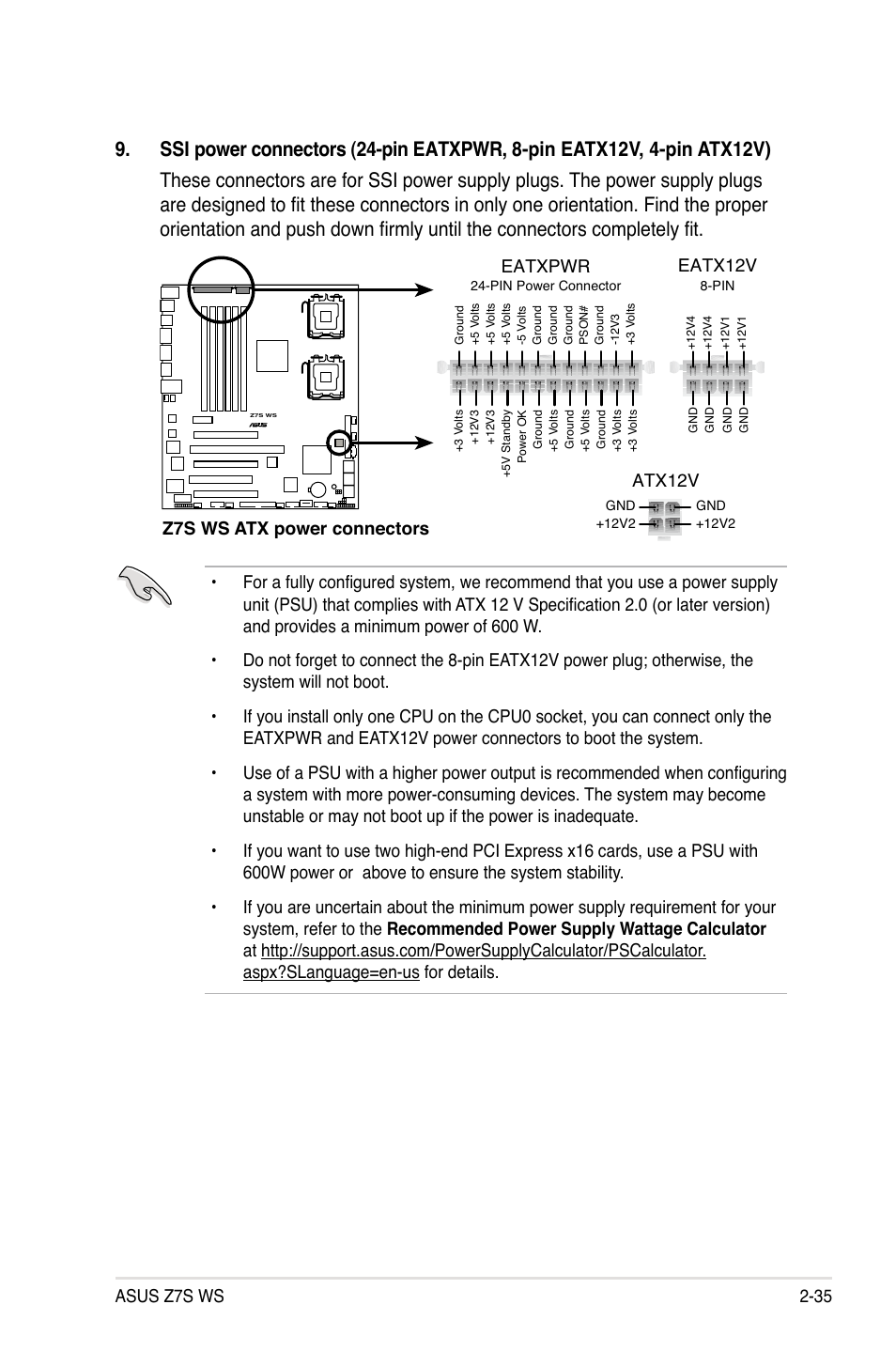 Asus z7s ws 2-35, Z7s ws atx power connectors, Eatxpwr eatx12v | Atx12v | Asus Z7S WS User Manual | Page 57 / 154