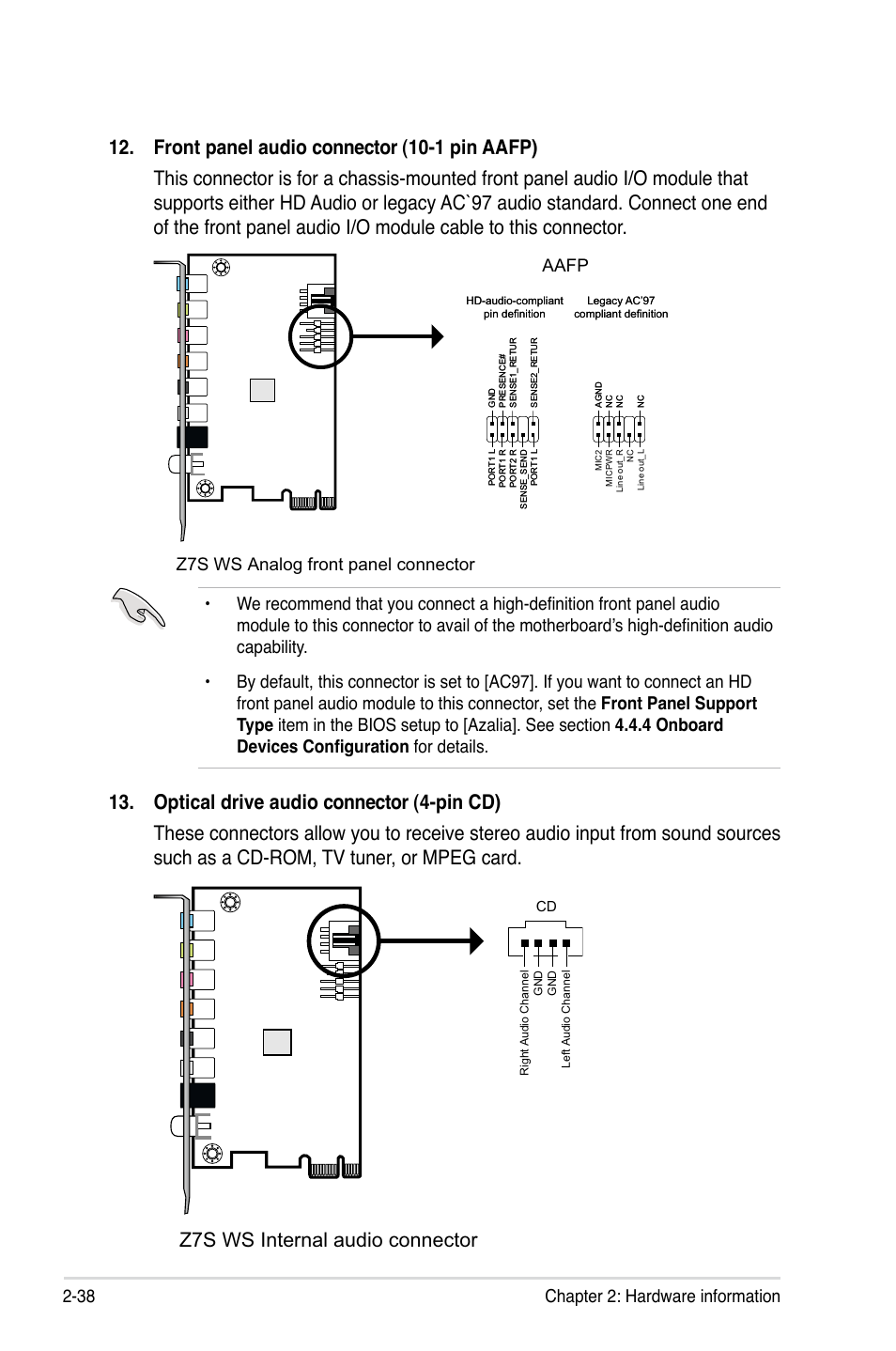 38 chapter 2: hardware information, Z7s ws analog front panel connector aafp | Asus Z7S WS User Manual | Page 60 / 154