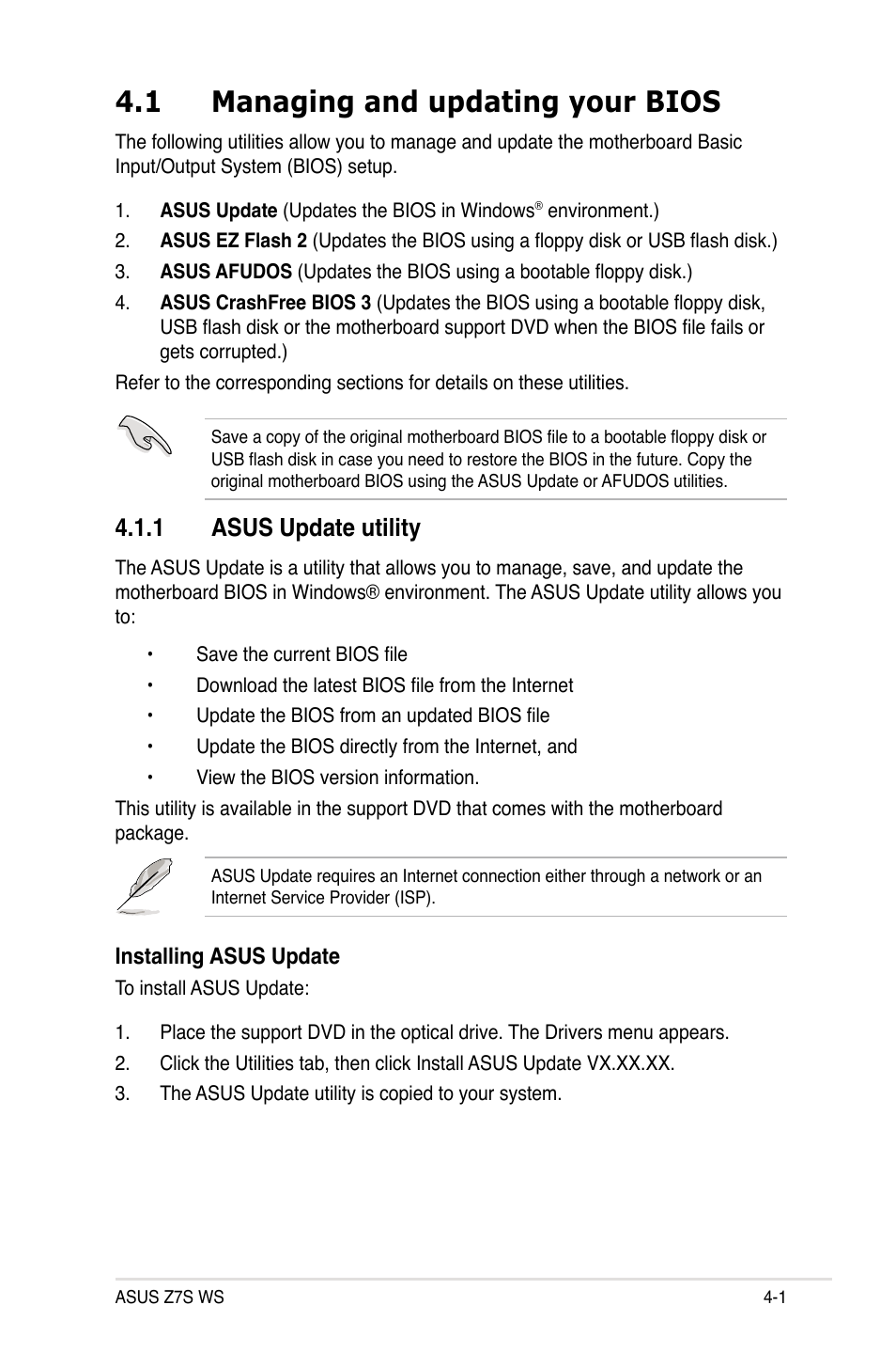 1 managing and updating your bios, 1 asus update utility, Managing.and.updating.your.bios -1 4.1.1 | Asus update utility -1, Asus.update.utility | Asus Z7S WS User Manual | Page 71 / 154