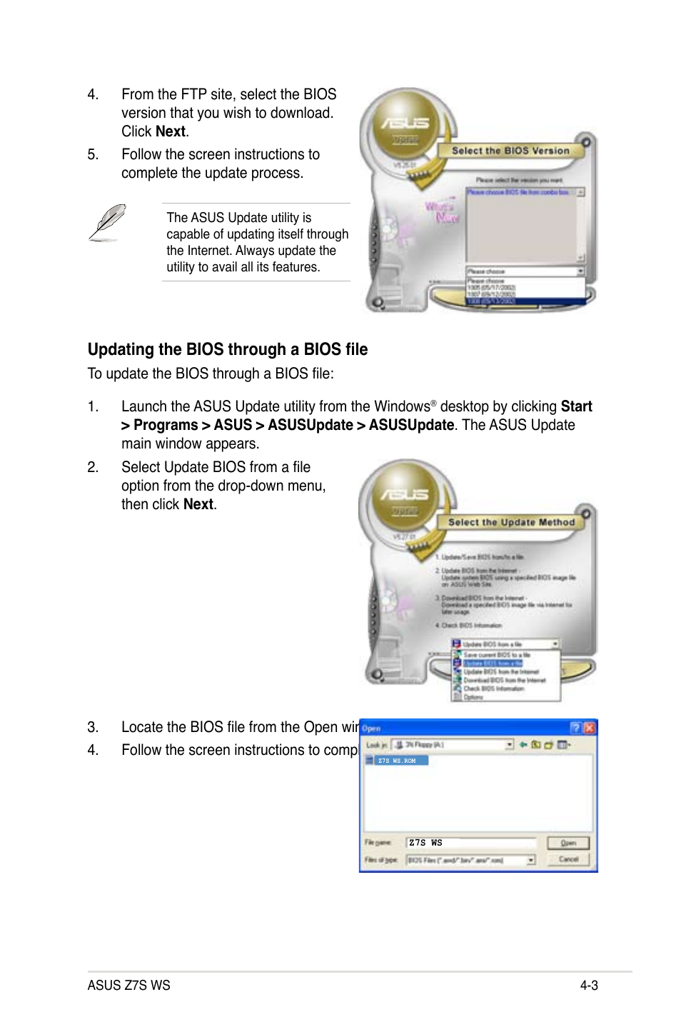Updating the bios through a bios file | Asus Z7S WS User Manual | Page 73 / 154