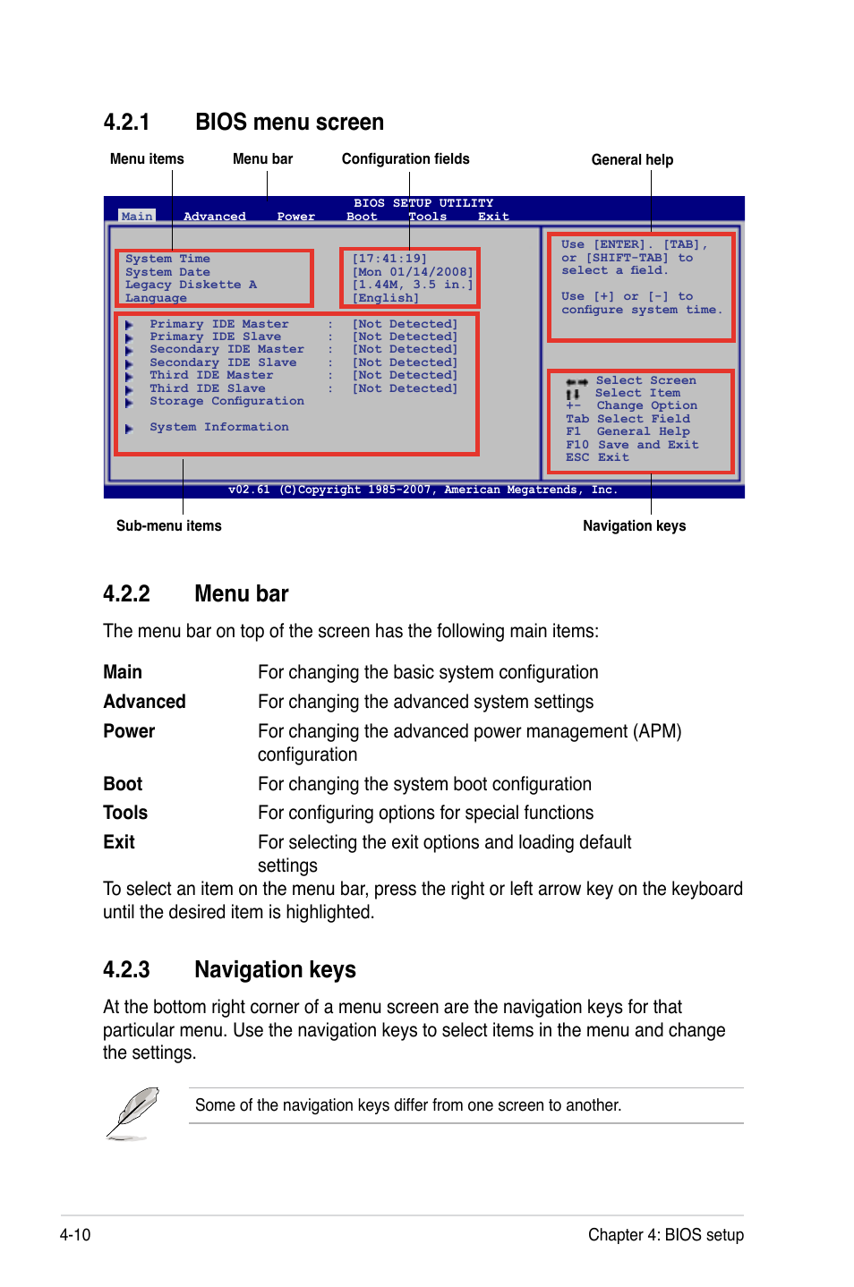 1 bios menu screen, 2 menu bar, 3 navigation keys | Bios menu screen -10, Menu bar -10, Navigation keys -10, Bios.menu.screen, Menu.bar, Navigation.keys | Asus Z7S WS User Manual | Page 80 / 154