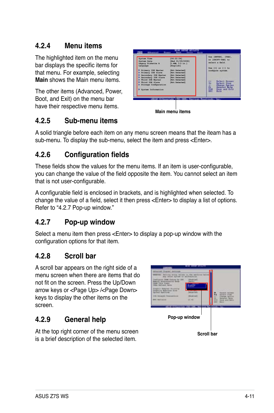 4 menu items, 5 sub-menu items, 6 configuration fields | 7 pop-up window, 8 scroll bar, 9 general help, Menu items -11, Sub-menu items -11, Configuration fields -11, Pop-up window -11 | Asus Z7S WS User Manual | Page 81 / 154