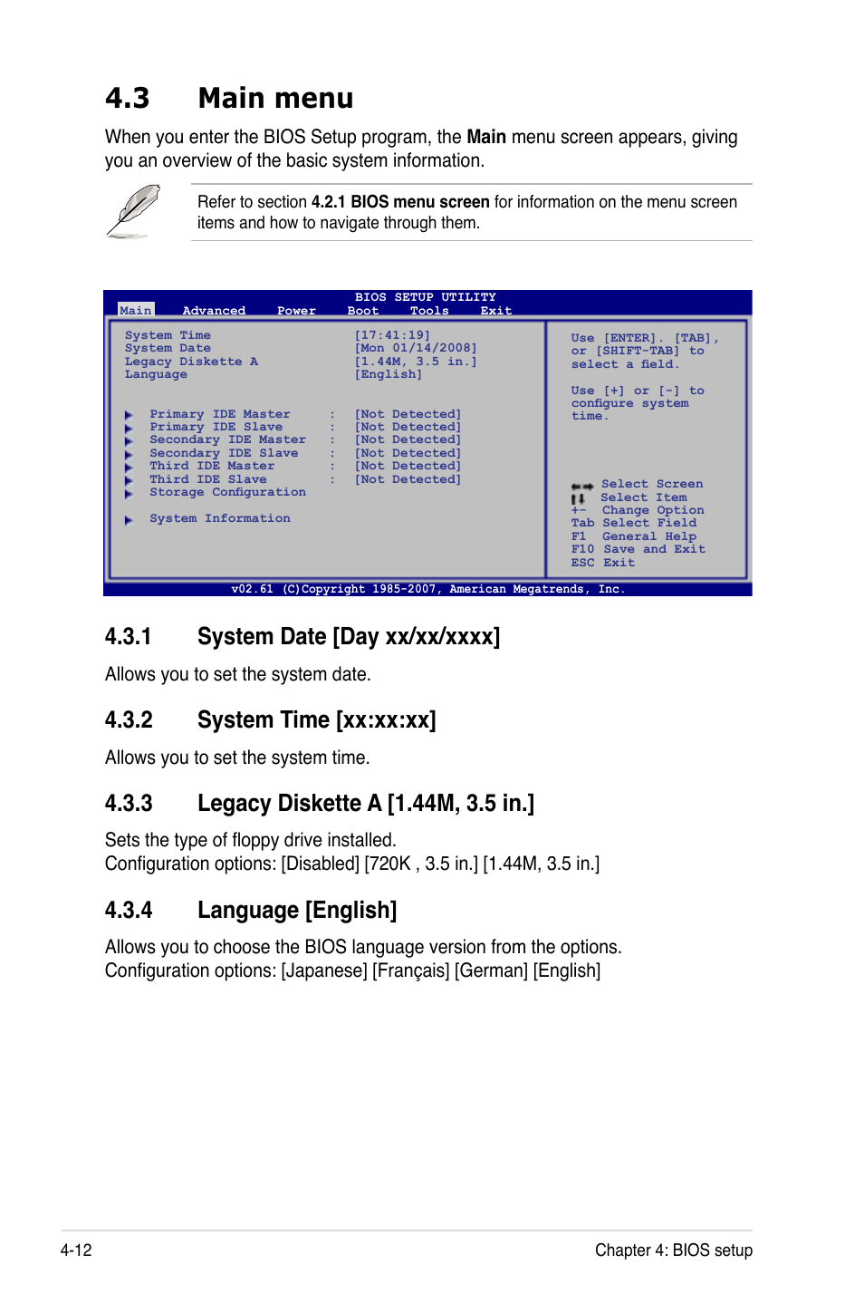 3 main menu, 1 system date [day xx/xx/xxxx, 2 system time [xx:xx:xx | 3 legacy diskette a [1.44m, 3.5 in, 4 language [english, Main.menu -12 4.3.1, System date -12, System time -12, Legacy diskette a -12, Language -12 | Asus Z7S WS User Manual | Page 82 / 154