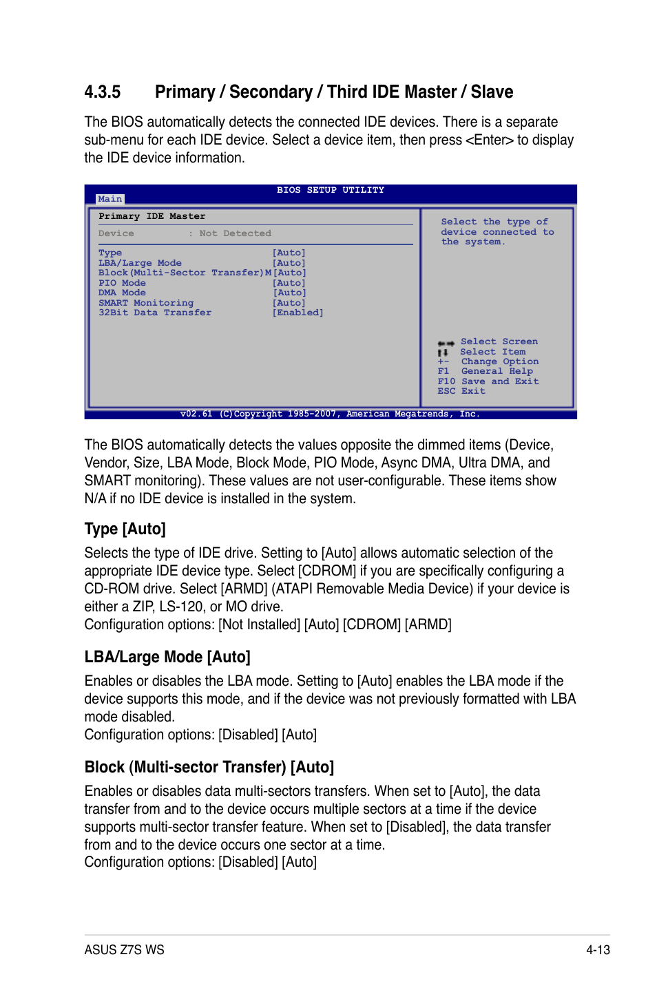 5 primary / secondary / third ide master / slave, Primary / secondary / third ide master / slave -13, Primary./.secondary./.third.ide.master./.slave | Type.[auto, Lba/large.mode.[auto, Block.(multi-sector.transfer).[auto | Asus Z7S WS User Manual | Page 83 / 154