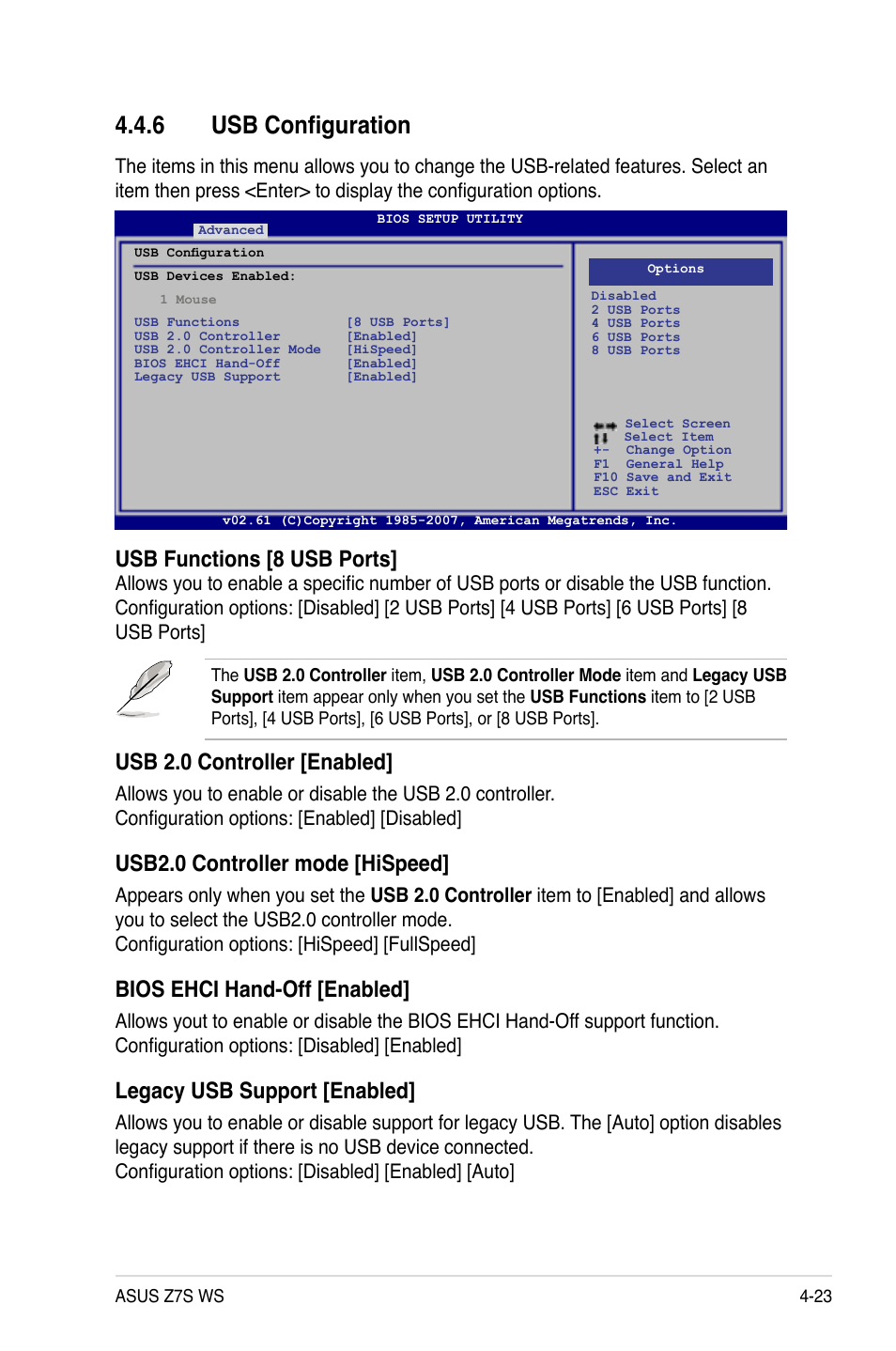 6 usb configuration, Usb configuration -23, Usb.2.0.controller.[enabled | Usb2.0.controller.mode.[hispeed, Bios.ehci.hand-off.[enabled | Asus Z7S WS User Manual | Page 93 / 154