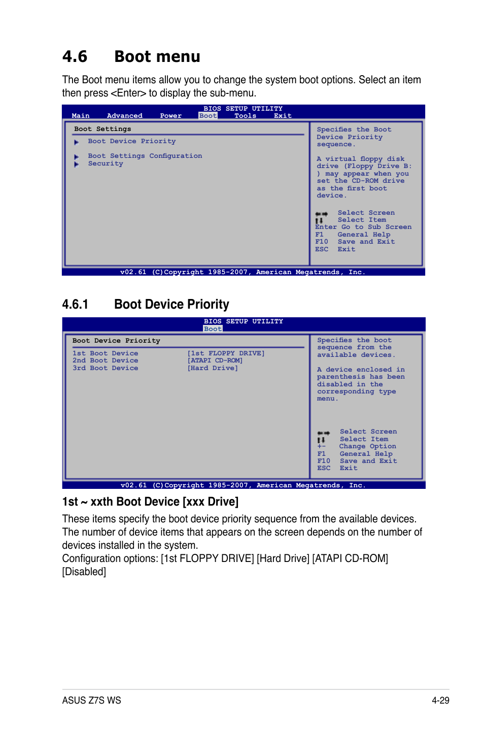 6 boot menu, 1 boot device priority, Boot.menu -29 4.6.1 | Boot device priority -29, Boot.device.priority, 1st.~.xxth.boot.device.[xxx.drive | Asus Z7S WS User Manual | Page 99 / 154