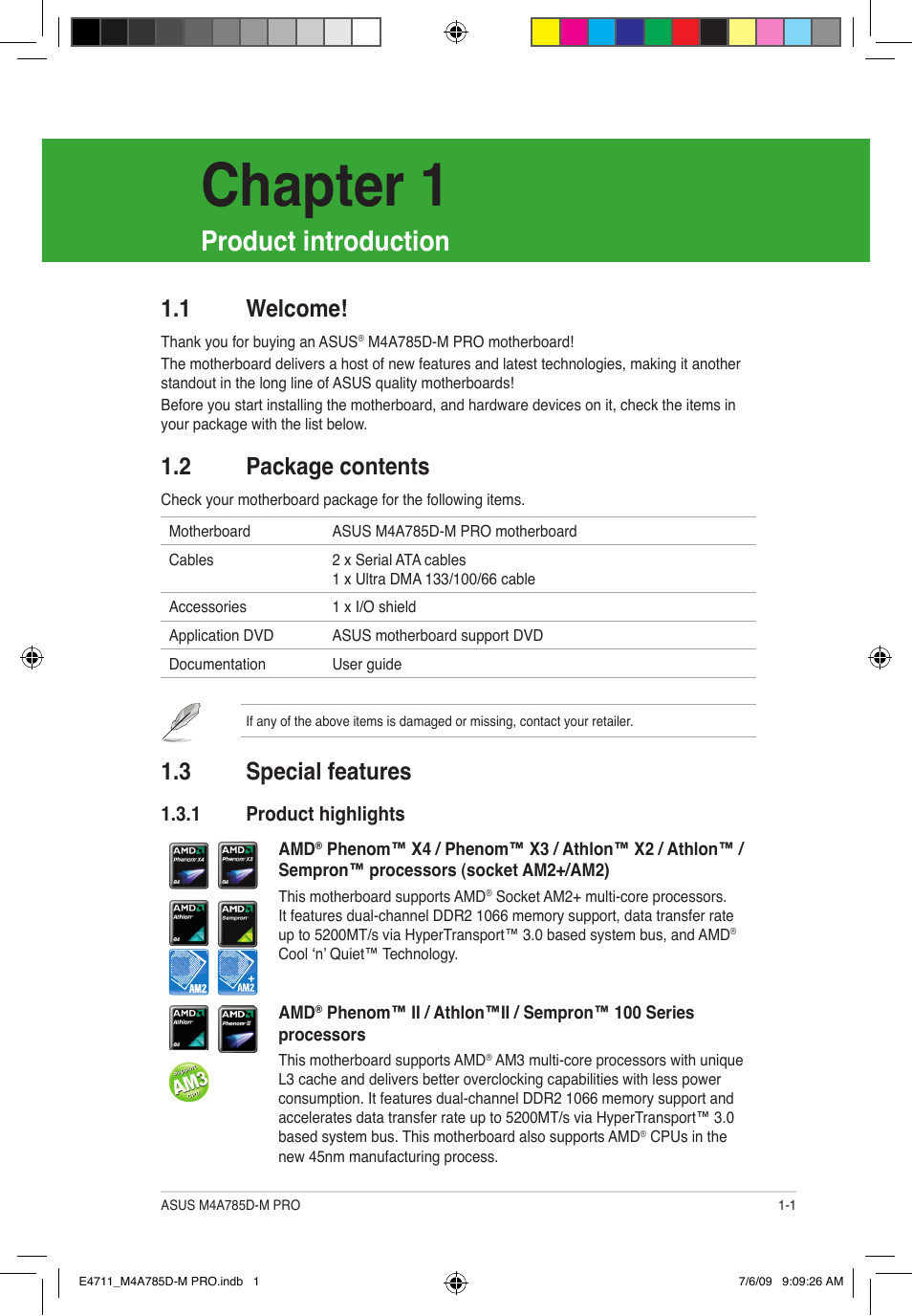 Chapter 1, Product introduction, 1 welcome | 2 package contents, 3 special features | Asus M4A785D-M PRO User Manual | Page 11 / 62