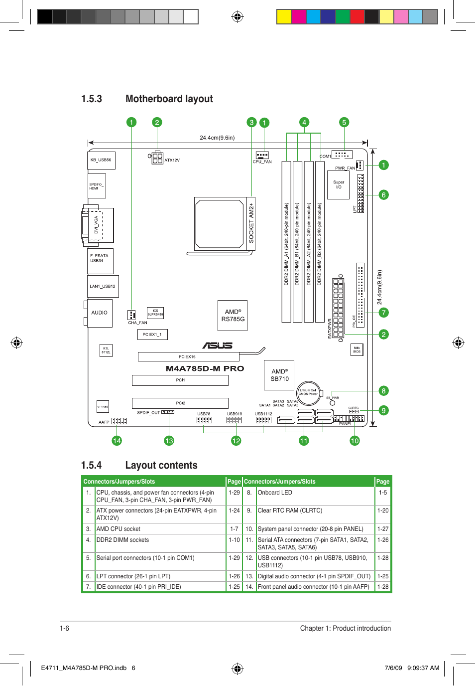 3 motherboard layout, 4 layout contents | Asus M4A785D-M PRO User Manual | Page 16 / 62