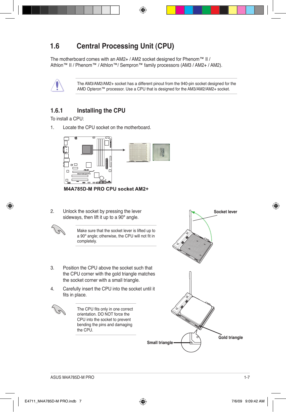 6 central processing unit (cpu), 1 installing the cpu | Asus M4A785D-M PRO User Manual | Page 17 / 62