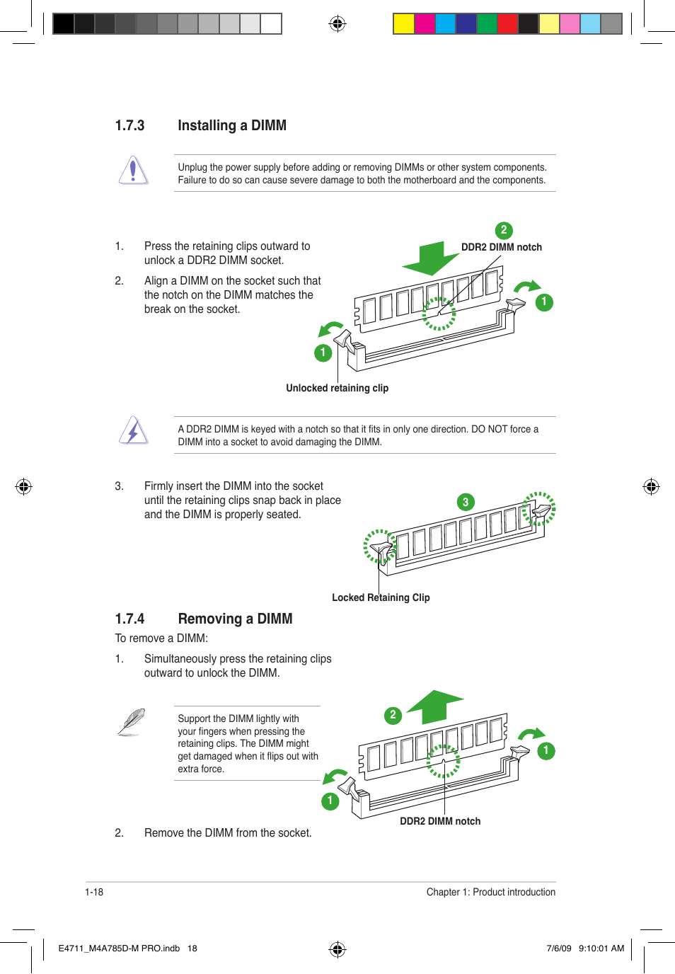 3 installing a dimm, 4 removing a dimm | Asus M4A785D-M PRO User Manual | Page 28 / 62