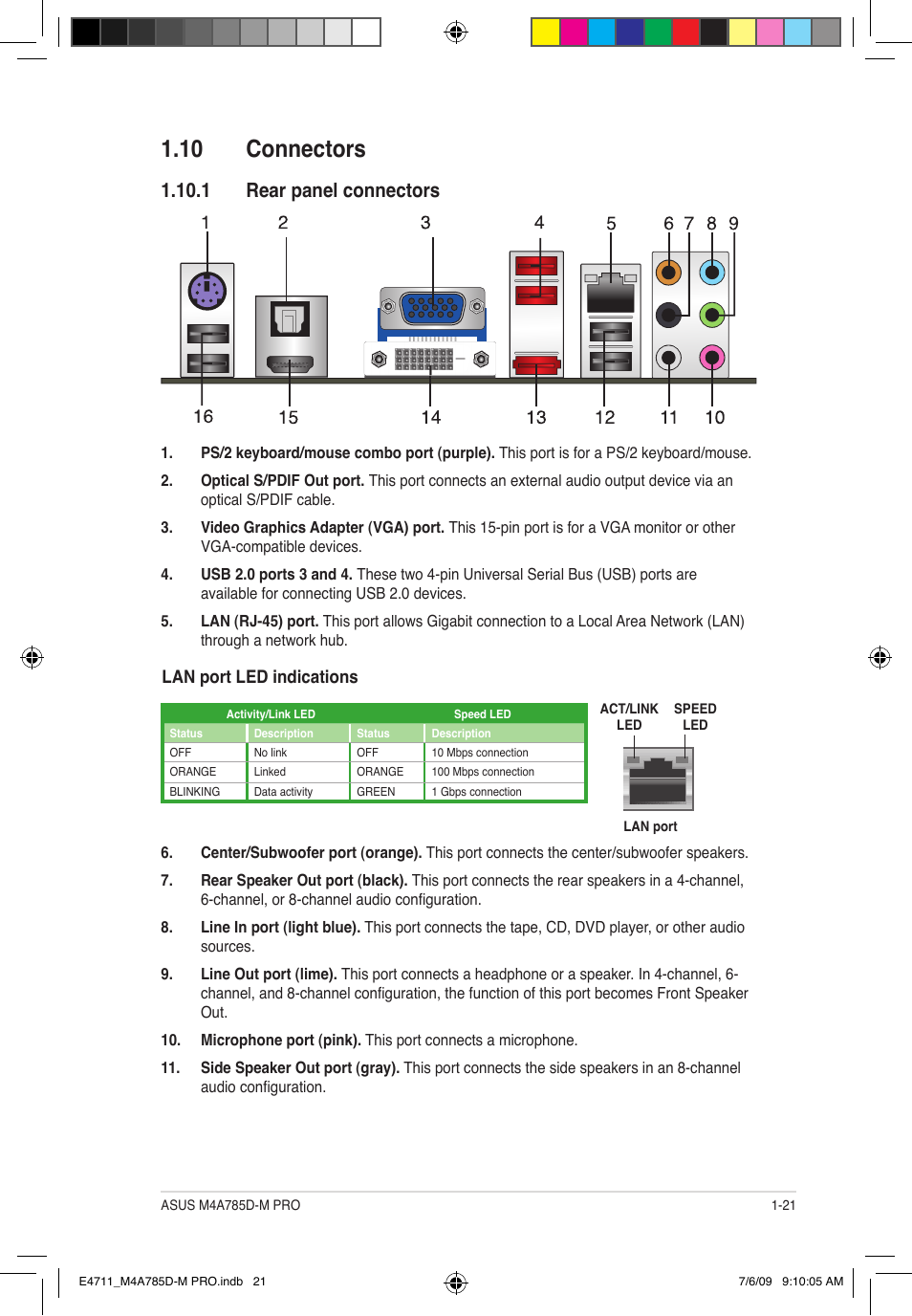 10 connectors, 1 rear panel connectors | Asus M4A785D-M PRO User Manual | Page 31 / 62